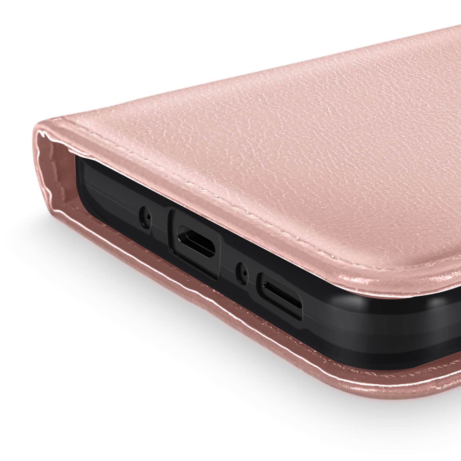 Primo piano di una custodia per telefono rosa. Mostra la parte inferiore del telefono, con ritagli per porte e altoparlante.