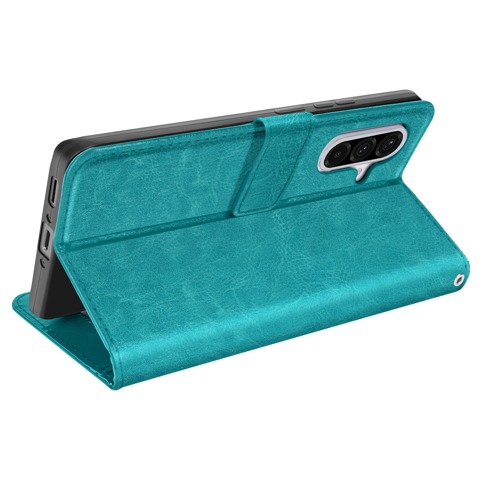 Eine blaue Handyhülle ist geöffnet. Das Telefon darin hat drei Kameras. Die Hülle ist aus Leder.