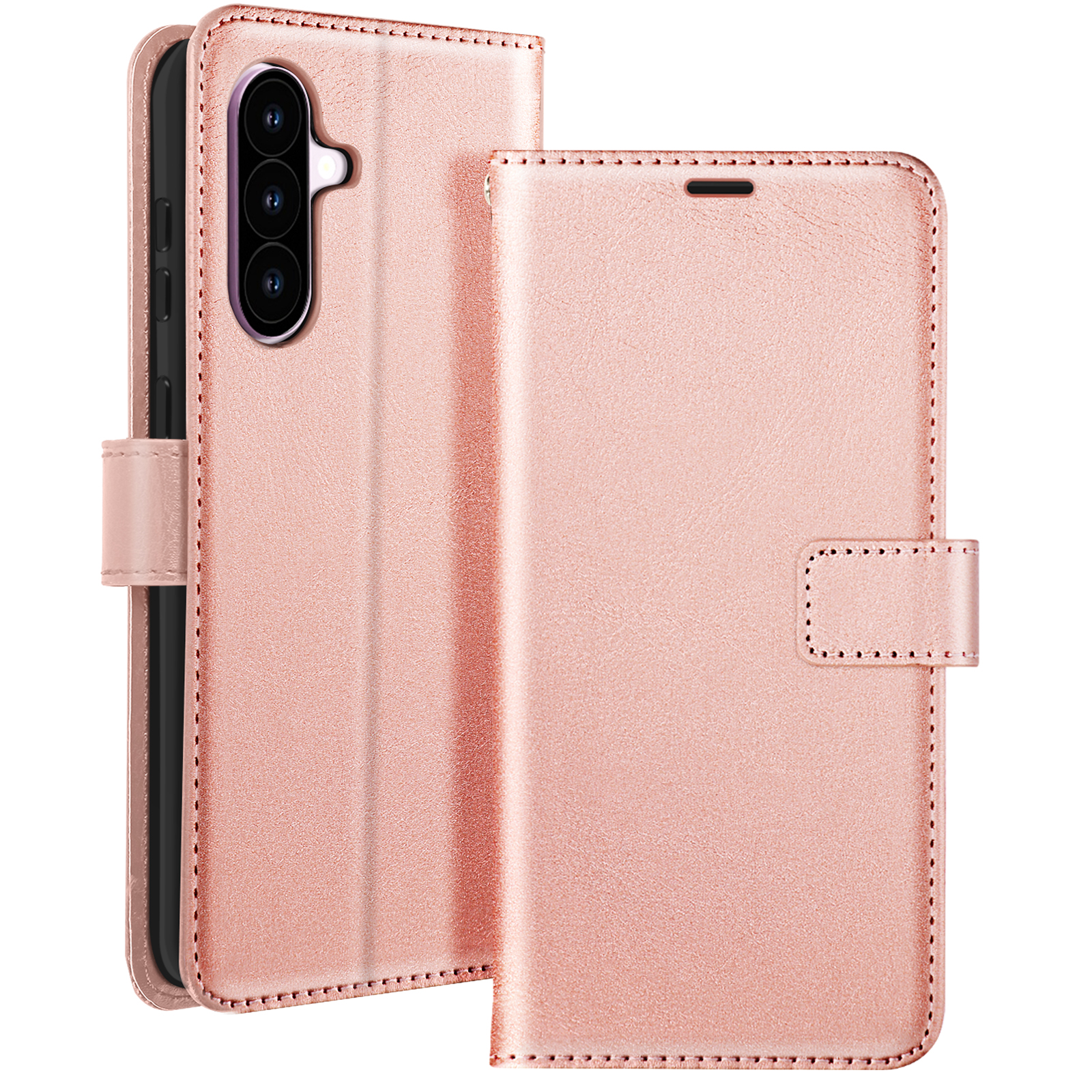 Portefeuille de téléphone or rose, ouvert. Le téléphone est à l'intérieur, étui à fermeture magnétique.