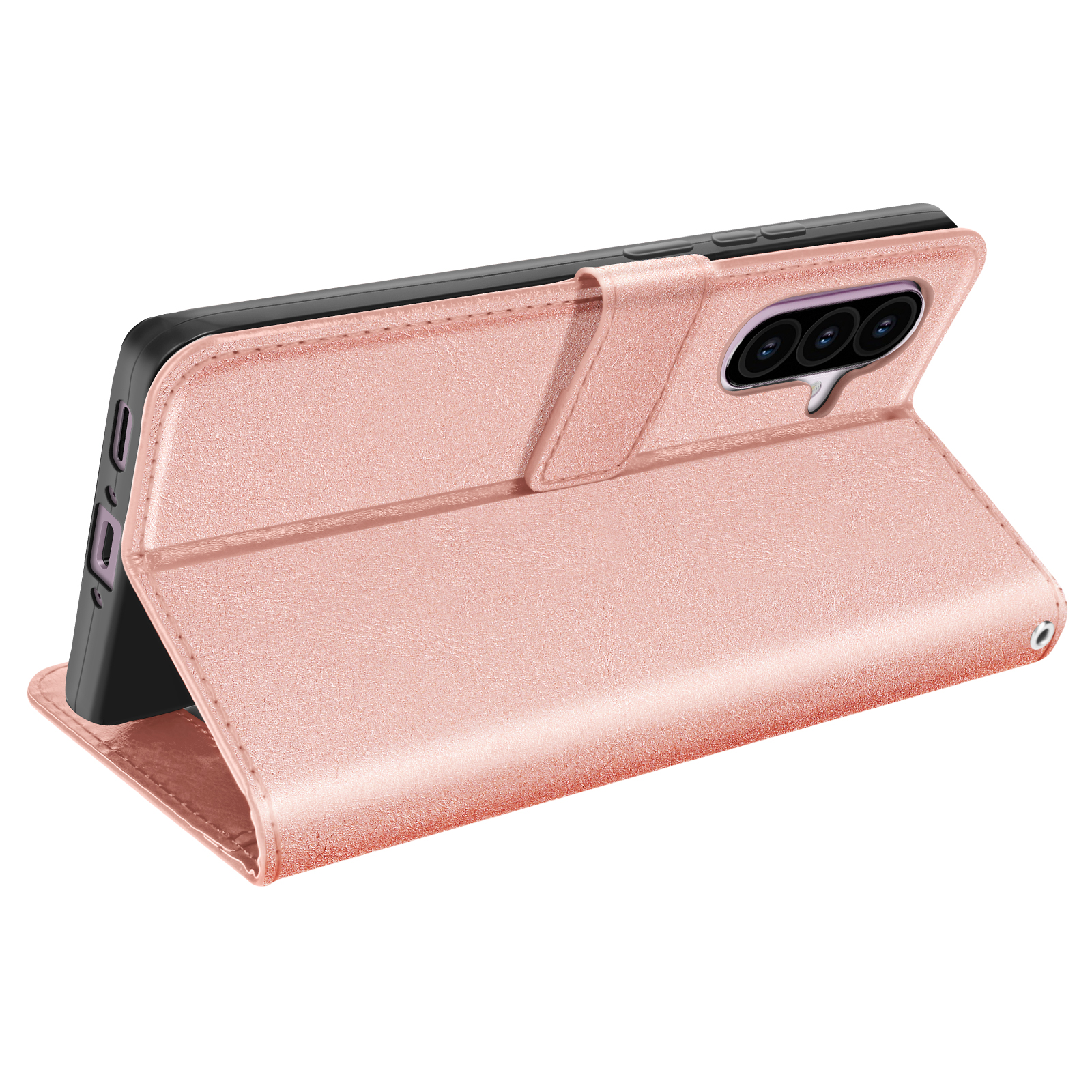 Étui de téléphone rose ouvert, révélant le téléphone. L'étui est en cuir avec une fermeture à bouton. Téléphone et caméras visibles.