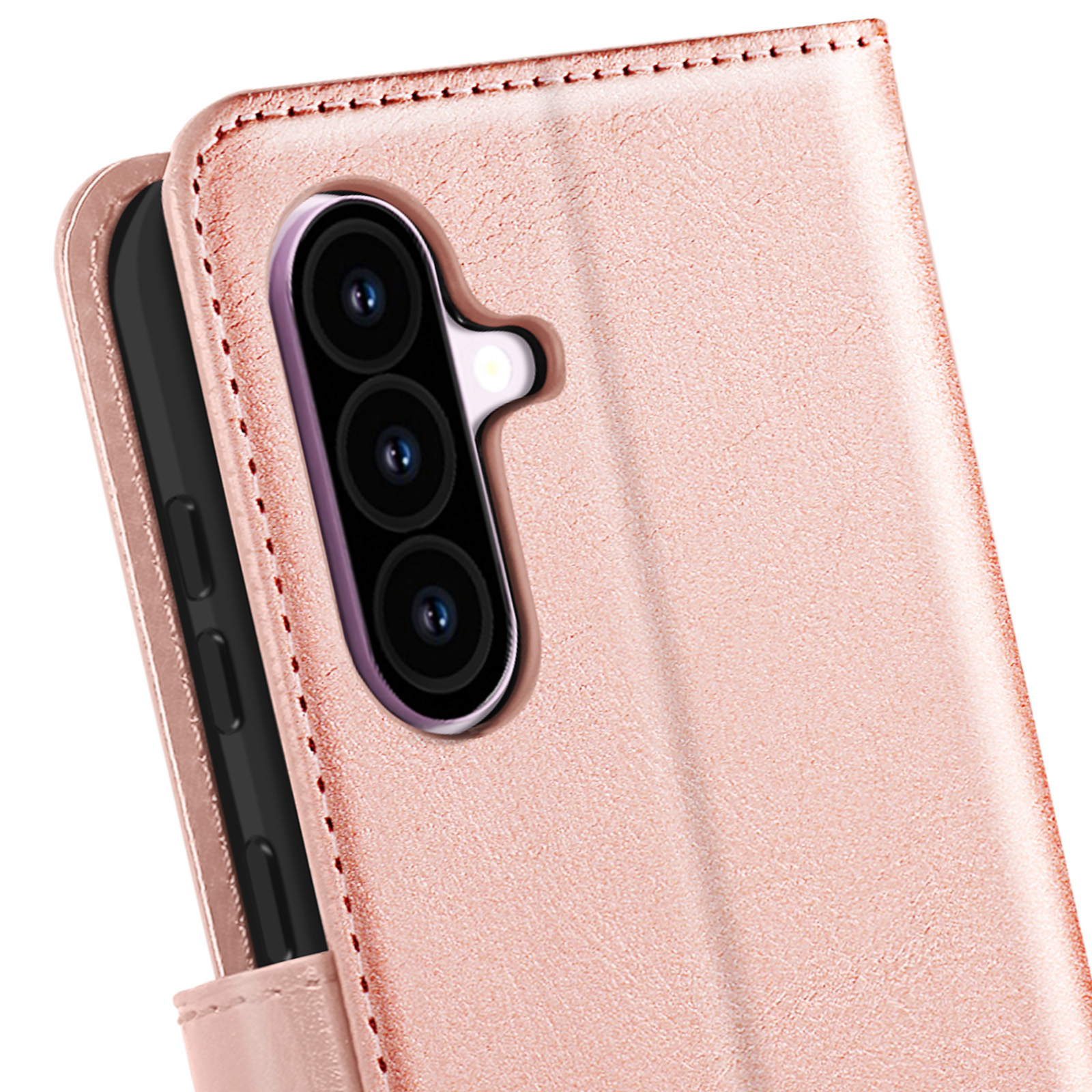Un étui de téléphone rose avec un téléphone à l'intérieur. Il est ouvert, montrant les caméras du téléphone.
