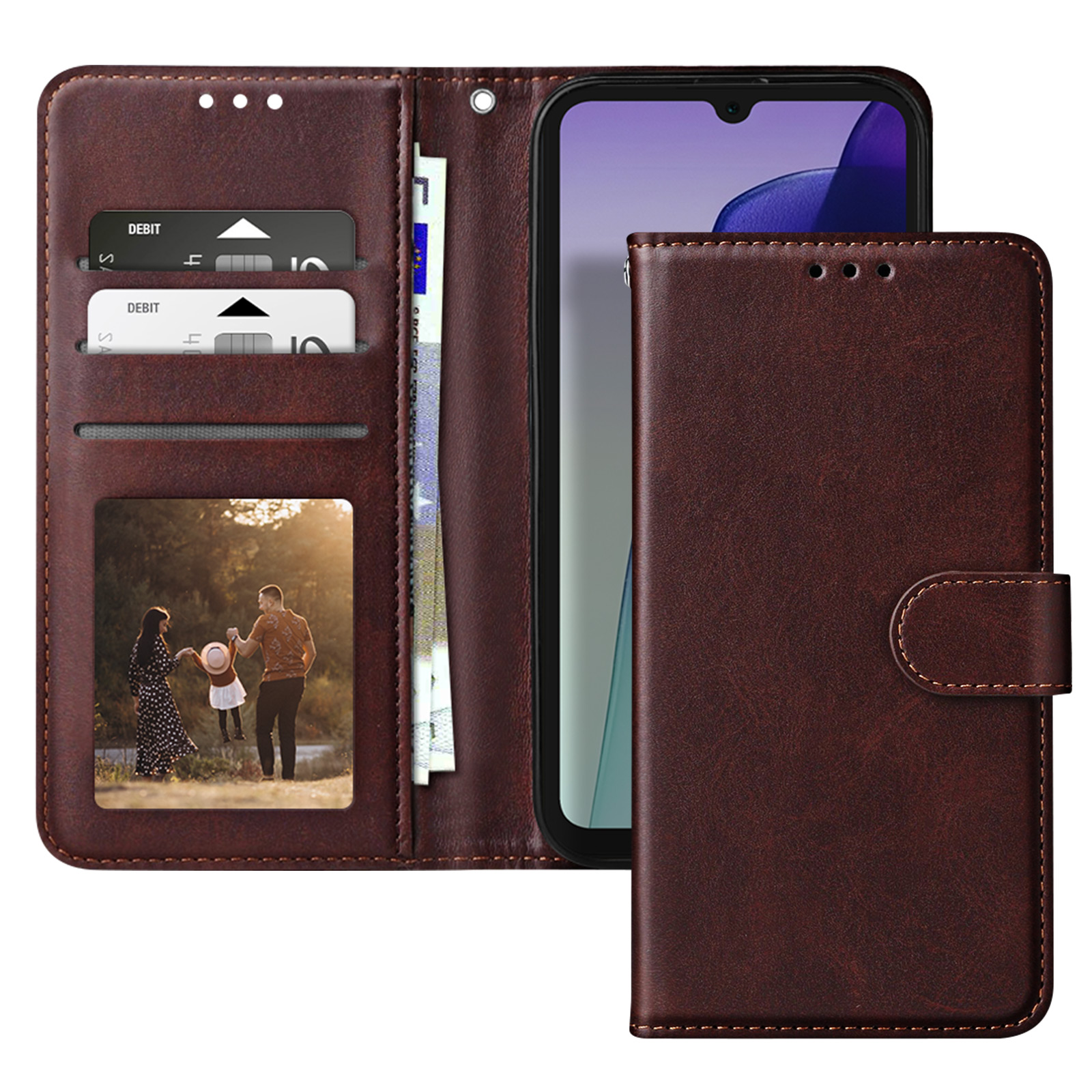 Custodia per telefono in pelle marrone aperta con carte, denaro e una foto di famiglia. Telefono visibile.