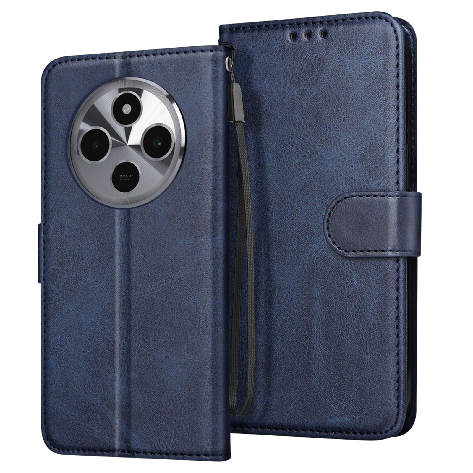 Custodia per telefono in pelle blu con modulo fotocamera e cinturino da polso. È aperta, rivelando il telefono.