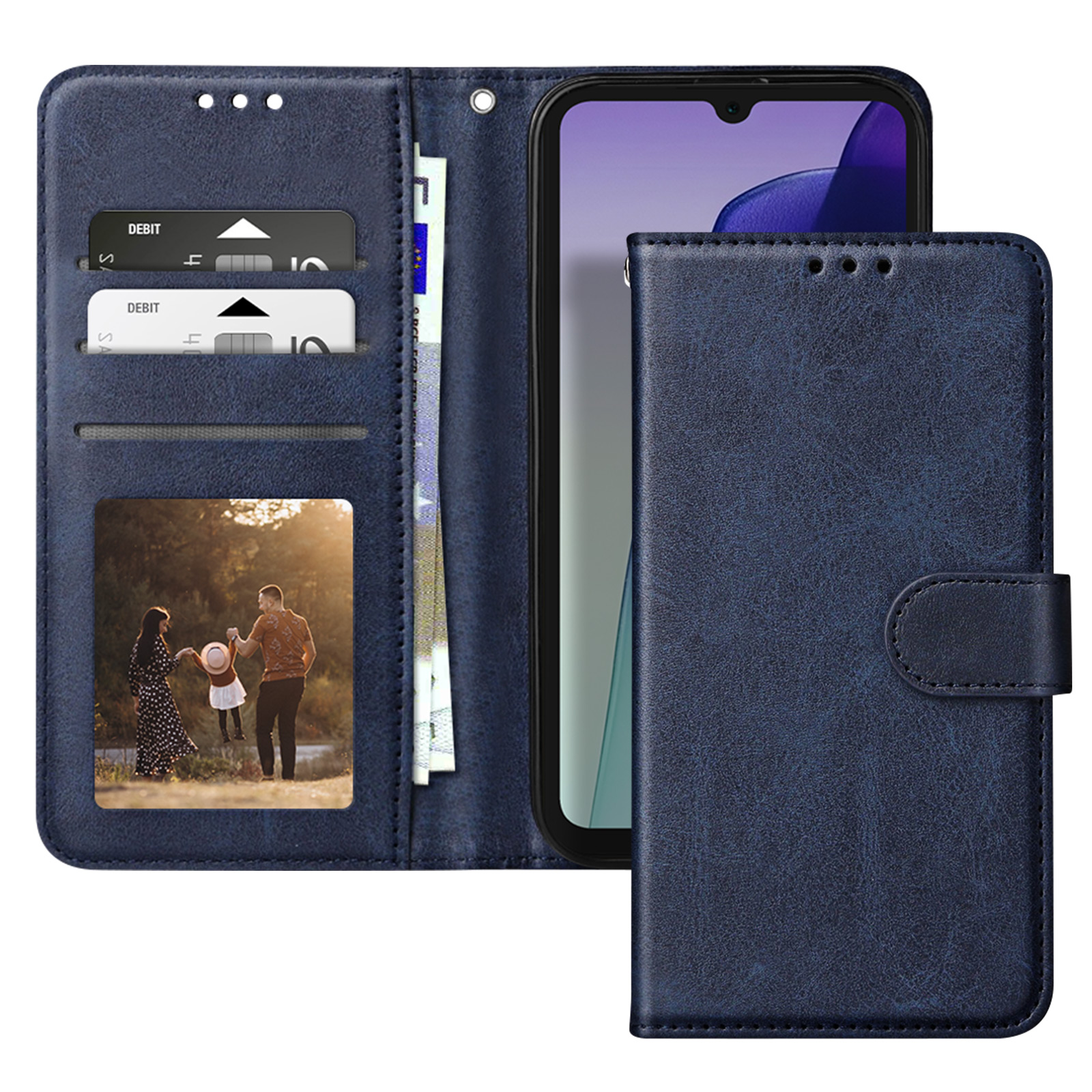 Una custodia per telefono blu aperta, che mostra un telefono, delle carte e una foto di famiglia.