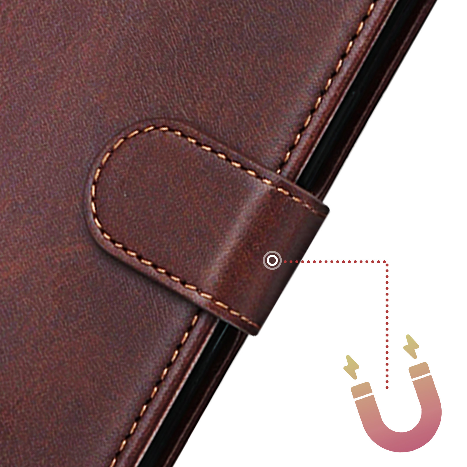 Primo piano della chiusura magnetica di una custodia per telefono in pelle marrone. Simbolo magnete con linee tratteggiate.