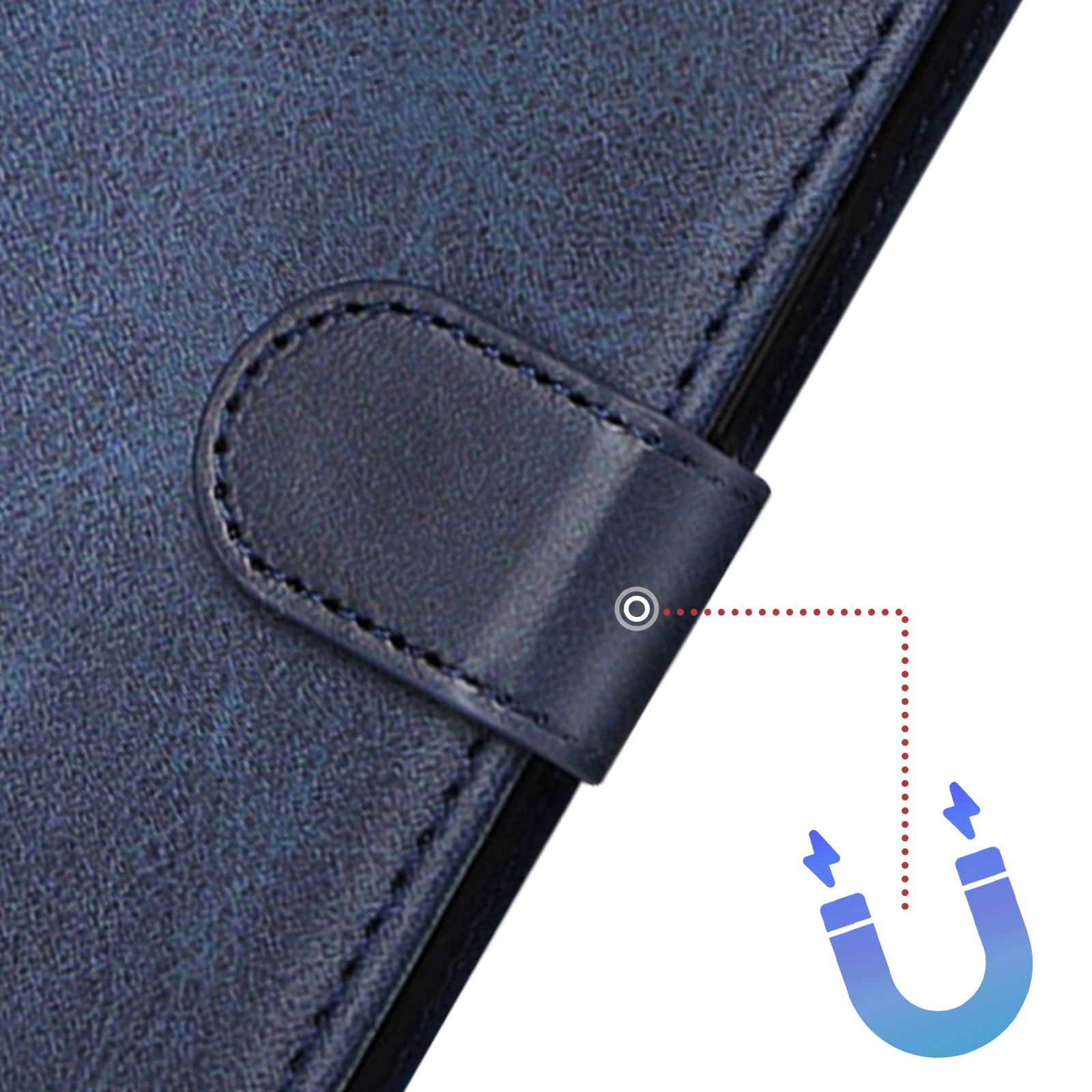 Primo piano della chiusura magnetica di una custodia per telefono in pelle blu. Simbolo magnete con linee tratteggiate.