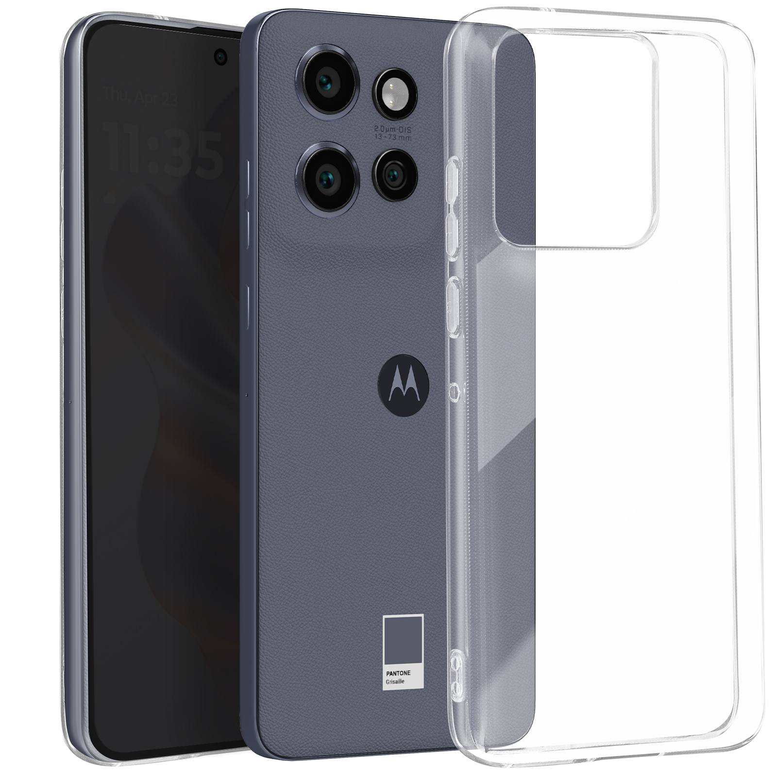 Telefono grigio con custodia trasparente. Il retro ha il logo Motorola e il logo Pantone.