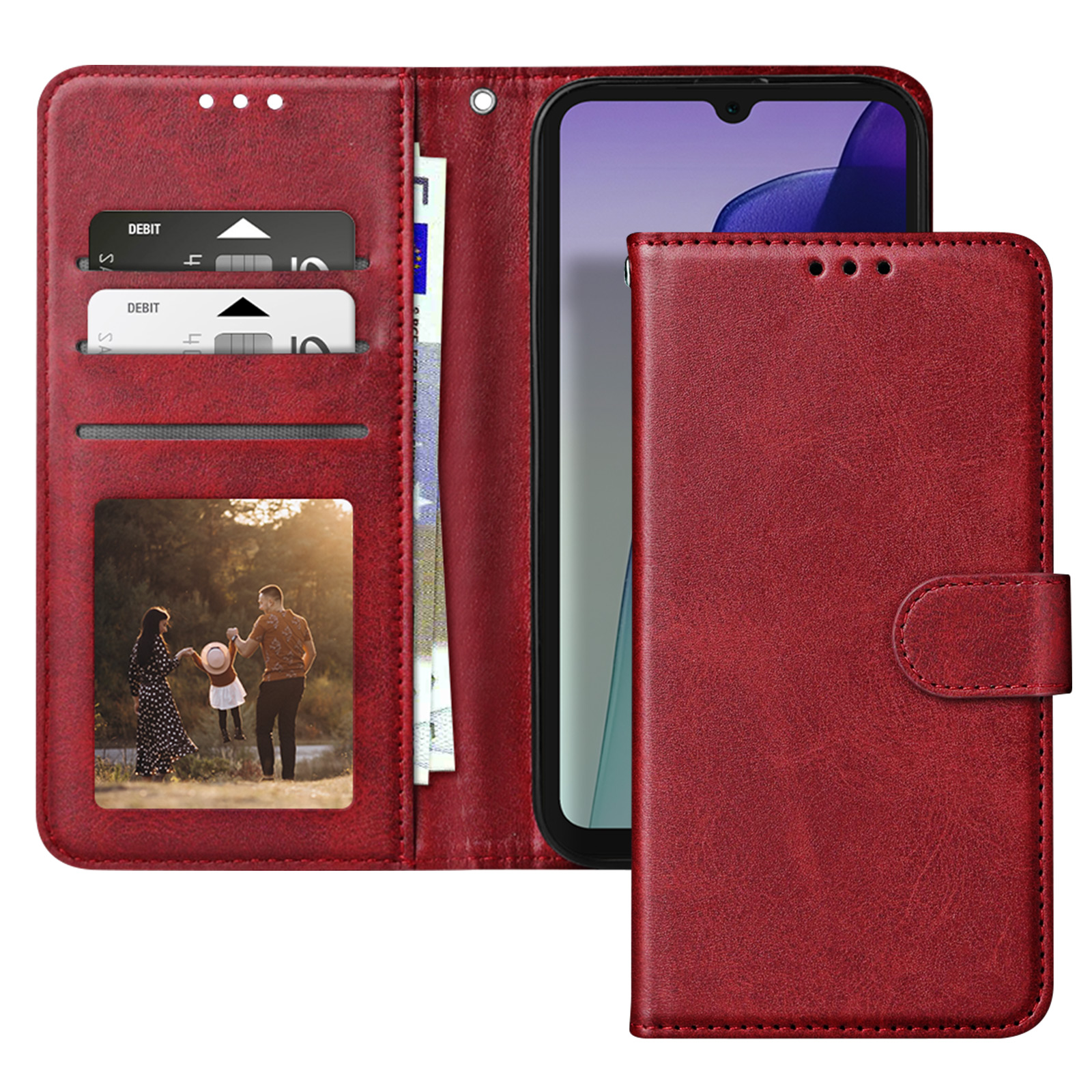 Custodia rossa per telefono con design a portafoglio, con telefono, carte e foto.