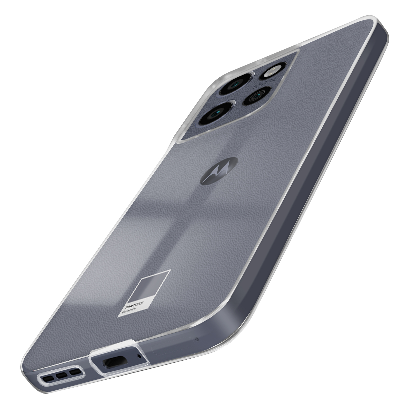 Custodia trasparente per telefono grigio. La custodia ha una trama grigia e un modulo fotocamera. Sfondo bianco.