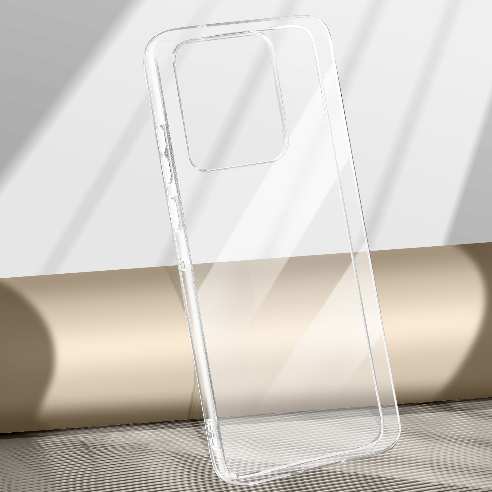 Custodia trasparente per telefono su una superficie beige, con una texture sottile.
