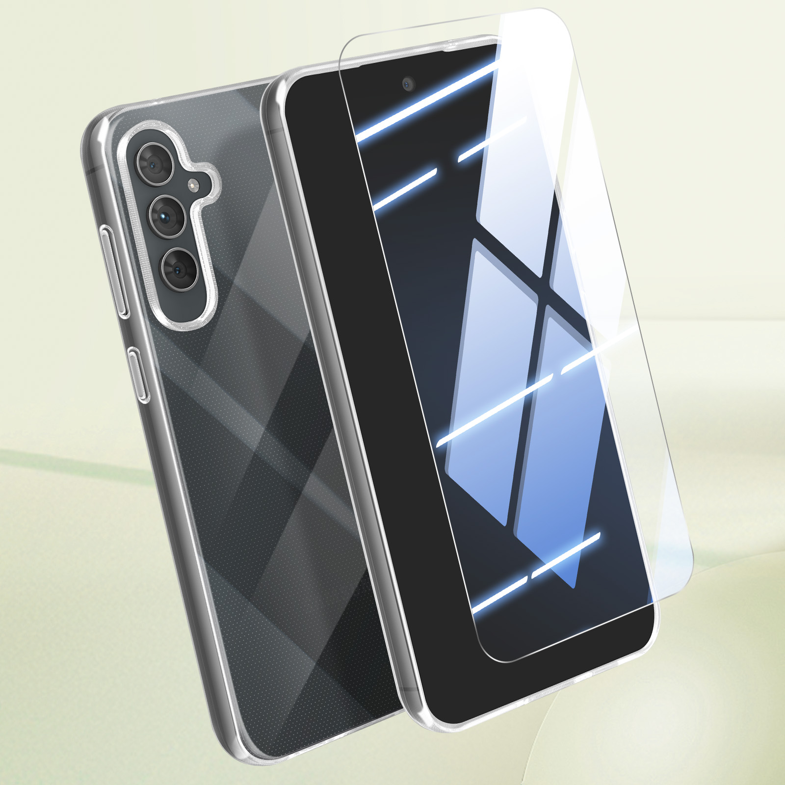 Telefono con custodia trasparente e protezione schermo. Il telefono ha una tripla fotocamera.