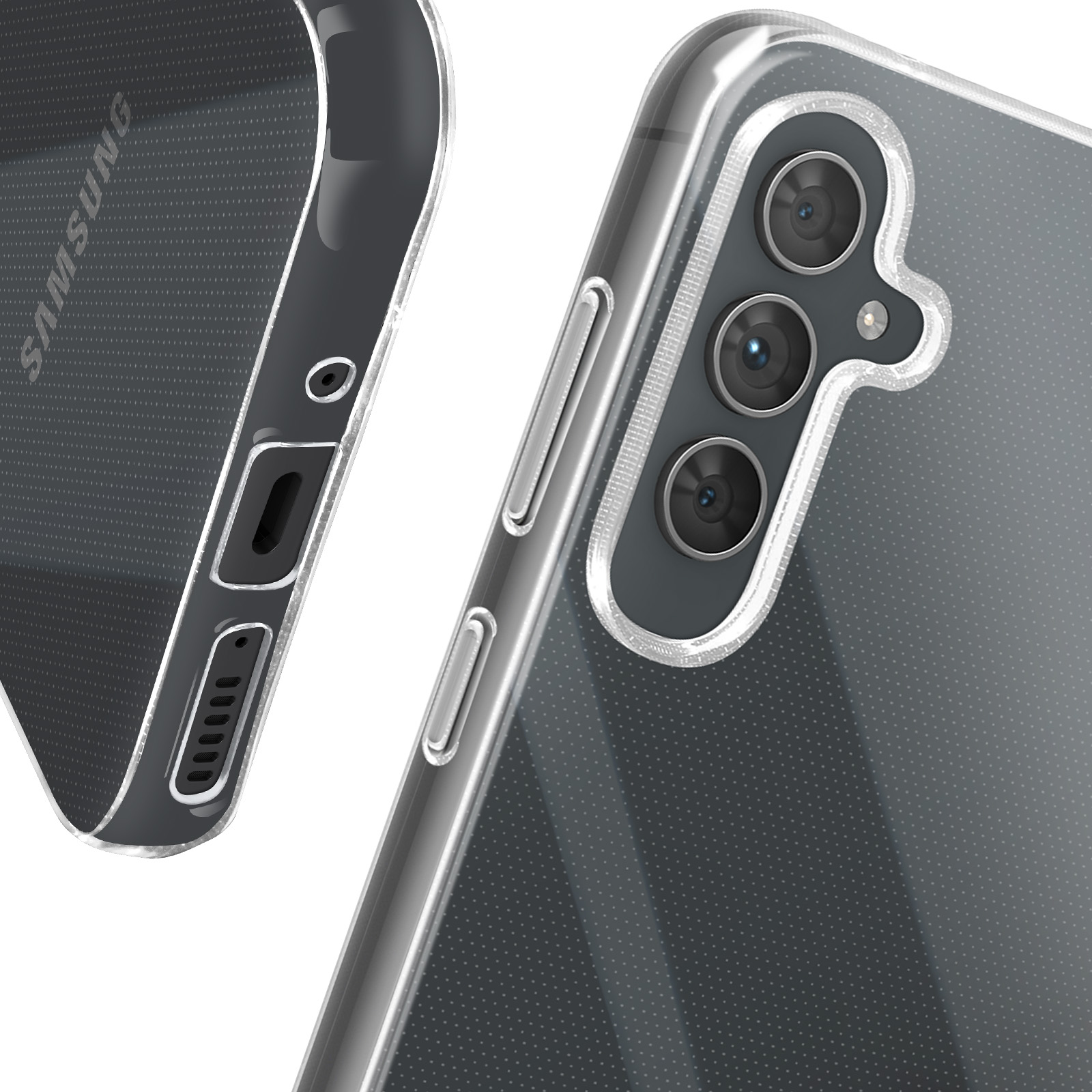 Primo piano di una custodia trasparente per telefono con un telefono Samsung. Pulsanti e fotocamera visibili.