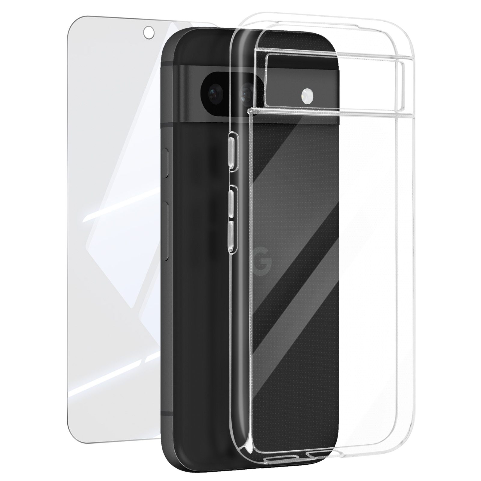 Telefono nero con custodia trasparente e protezione schermo, tutto su sfondo bianco.