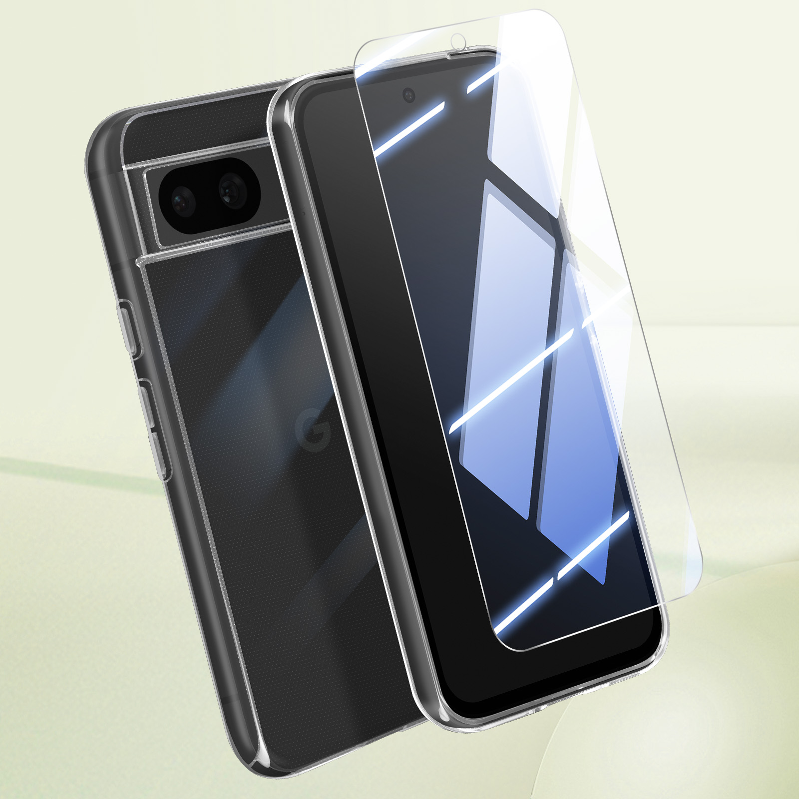 Custodia trasparente per telefono con telefono e protezione schermo. Luci blu e bianche.