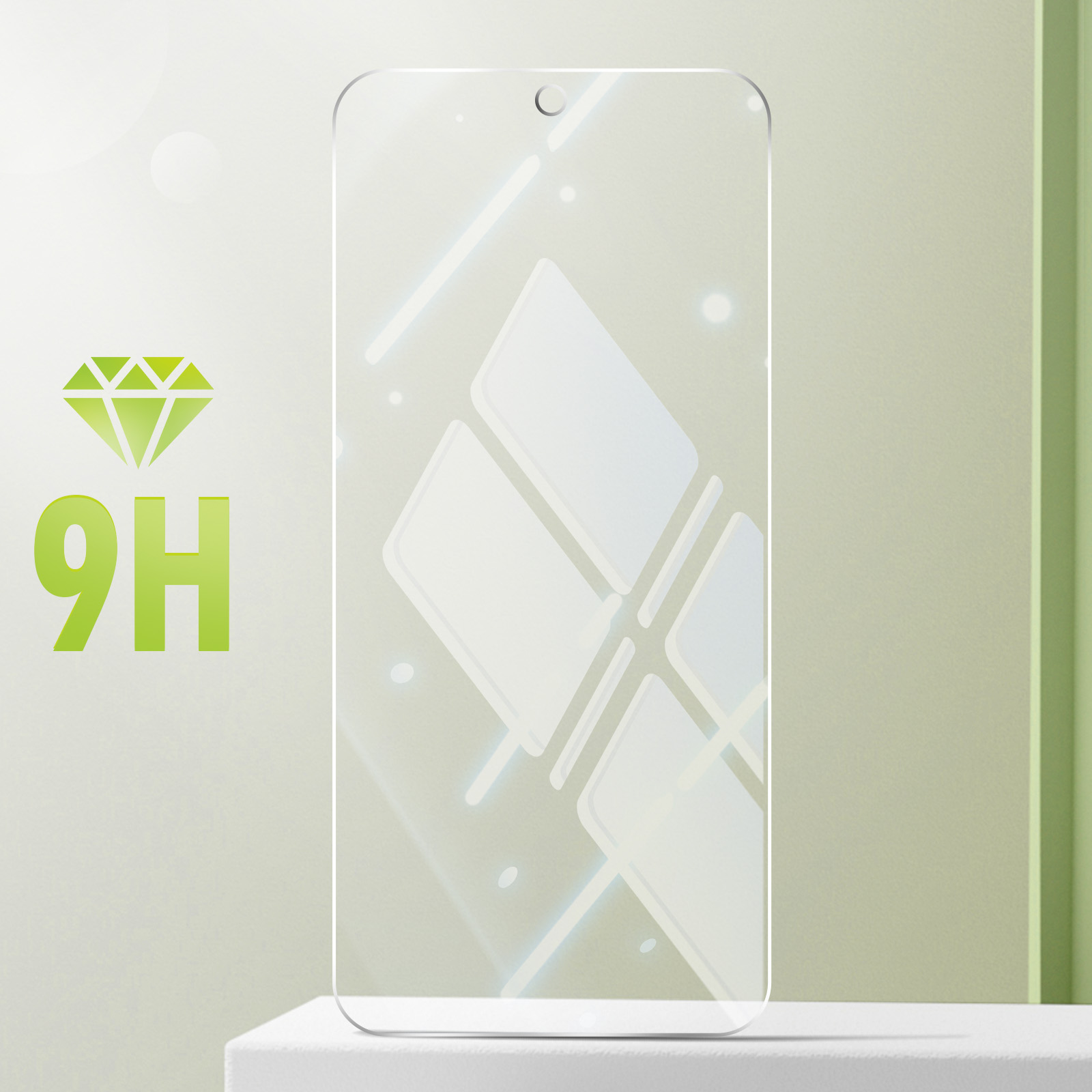 Proteggi schermo con testo 9H verde e logo diamante, sfondo bianco.