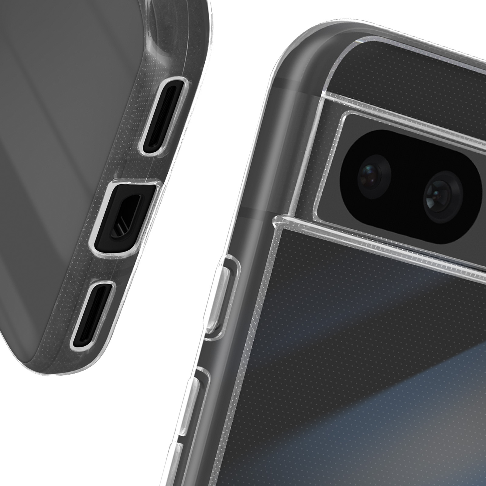 Primo piano di un telefono con custodia trasparente. Dettagli della fotocamera e dei pulsanti.