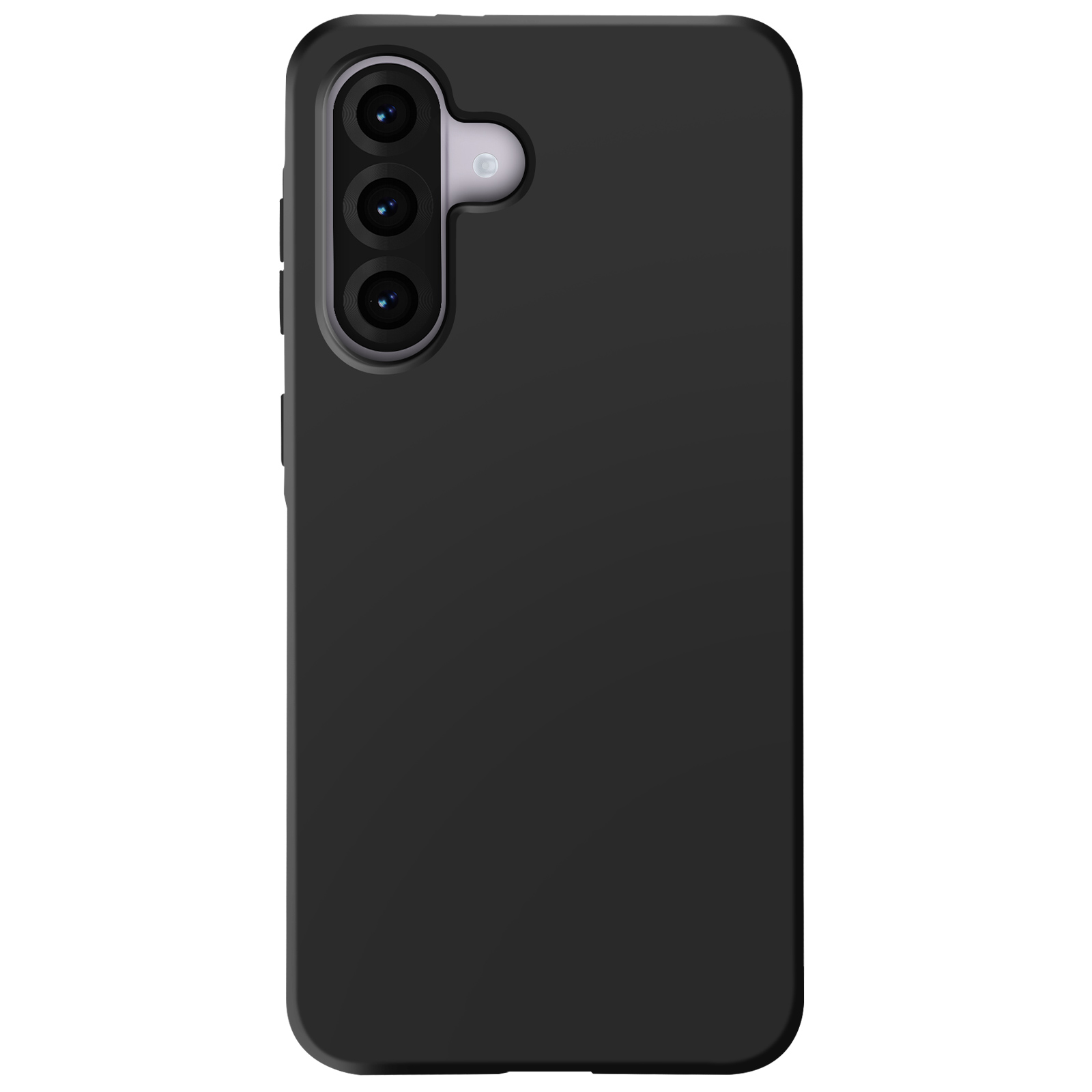 Custodia per telefono nera con tre fotocamere e pulsanti laterali. Colore nero.
