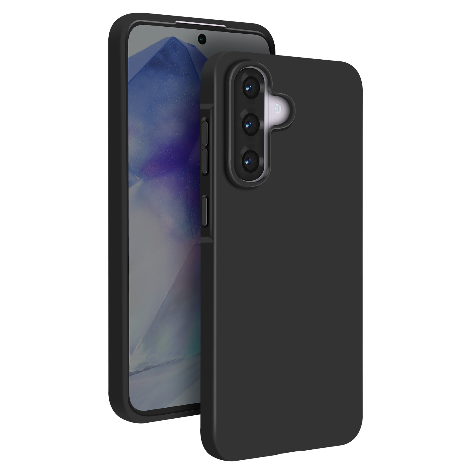 Telefono nero in una custodia, con un telefono accanto, con sfondo sfocato.