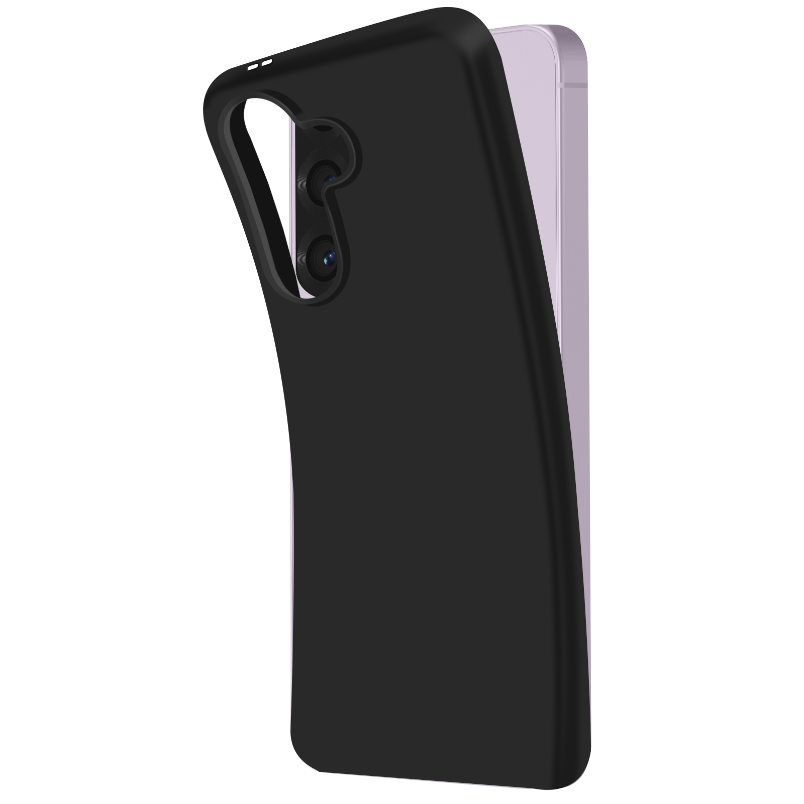Telefono e custodia neri, con fotocamera visibile. Il telefono è viola.