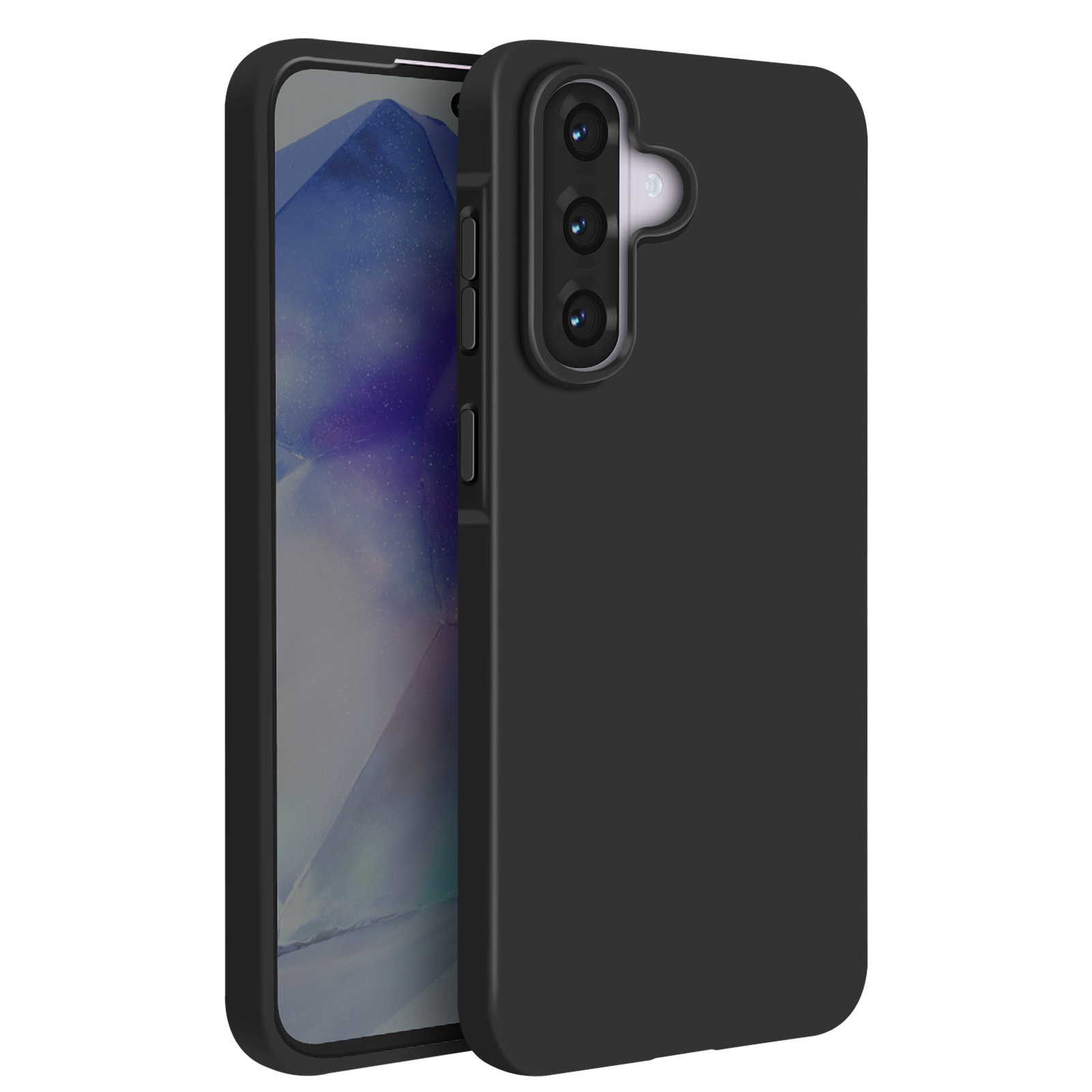 Telefono nero in una custodia nera, con tre fotocamere. Mostra il lato e il retro del telefono.