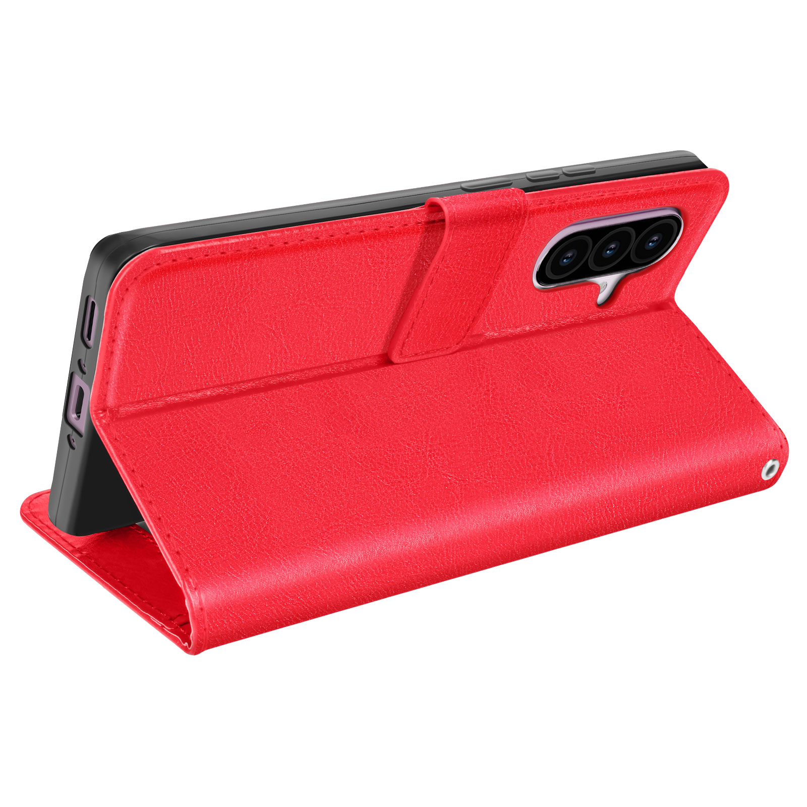 Rote Handyhülle mit Telefon darin, geöffnet, um das Telefon und Kartenfächer zu zeigen.