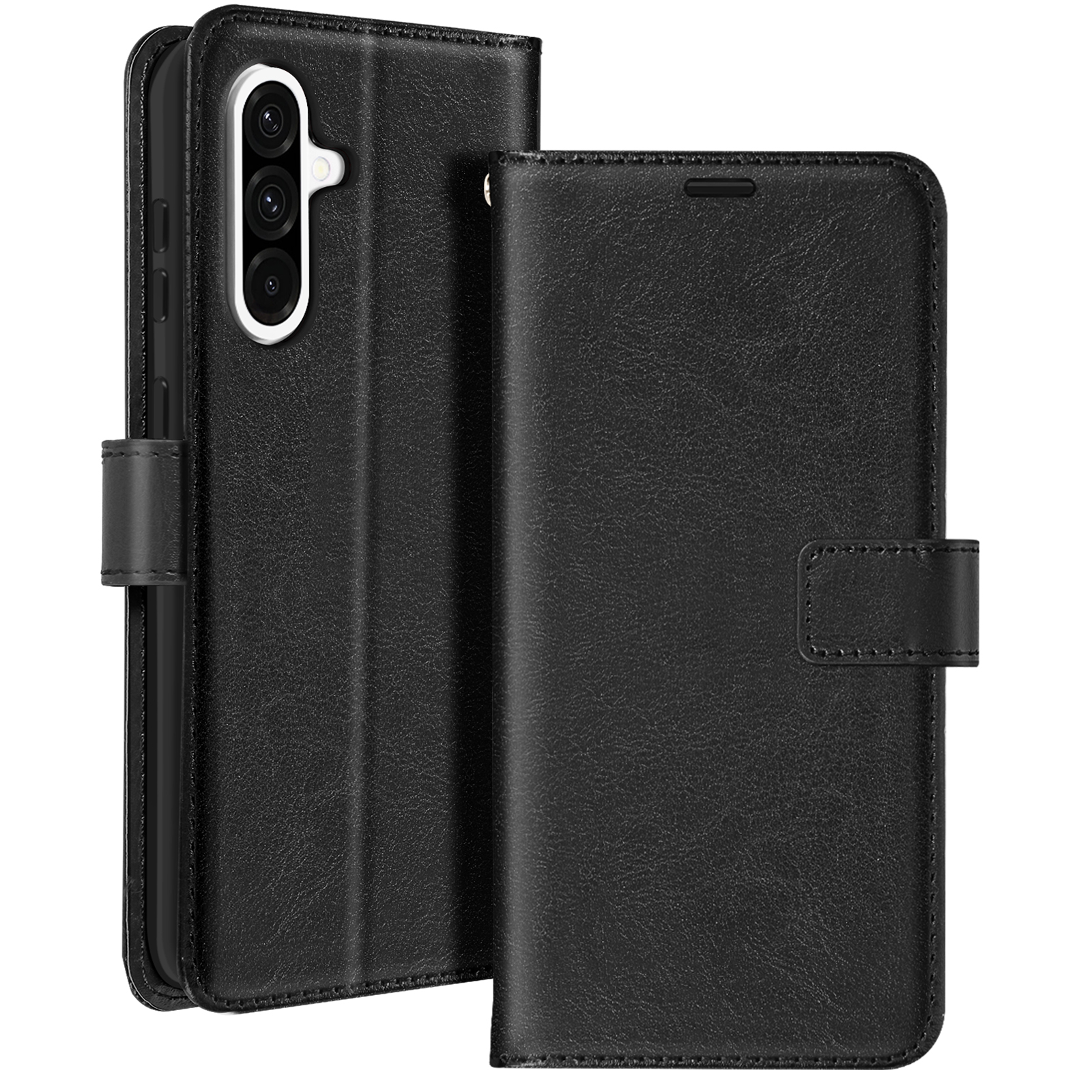 Étui de téléphone noir ouvert, montrant le téléphone et l'appareil photo, avec fermeture magnétique.