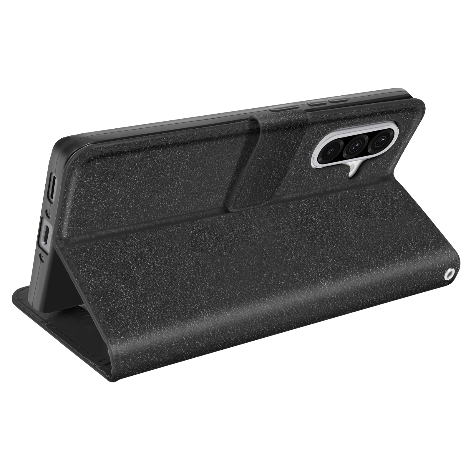 Téléphone noir dans un étui en cuir noir. L'étui est ouvert, montrant le téléphone et la caméra.
