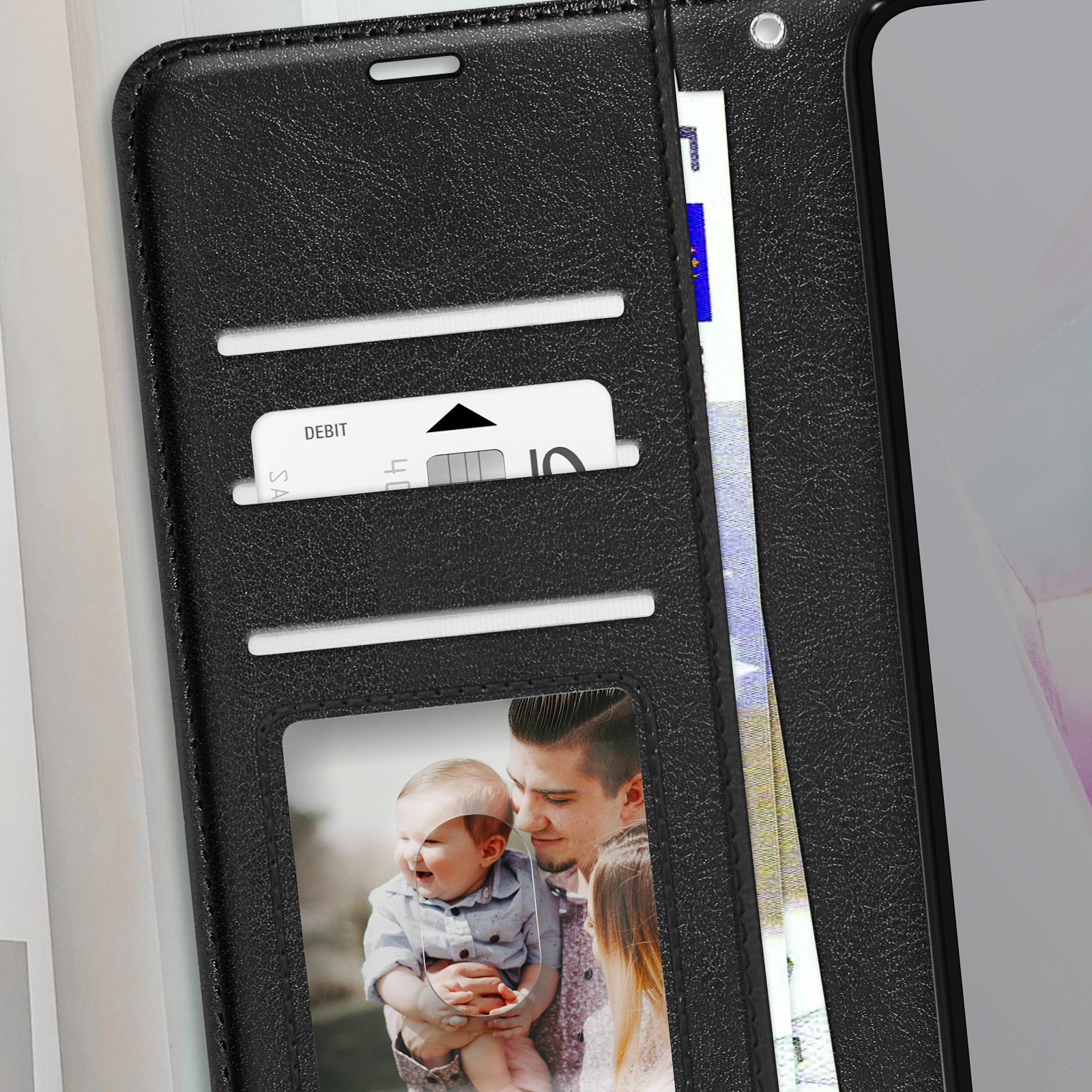 Étui de téléphone noir ouvert, montrant une carte de débit, de l'argent et une photo.