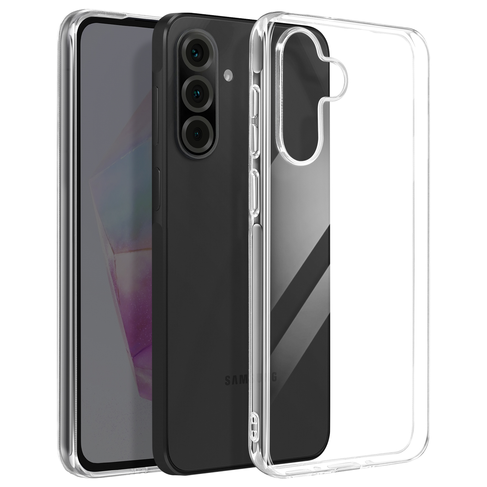 Een zwarte telefoon met een transparante hoes ernaast. De telefoon heeft een camera en het woord SAMSUNG.
