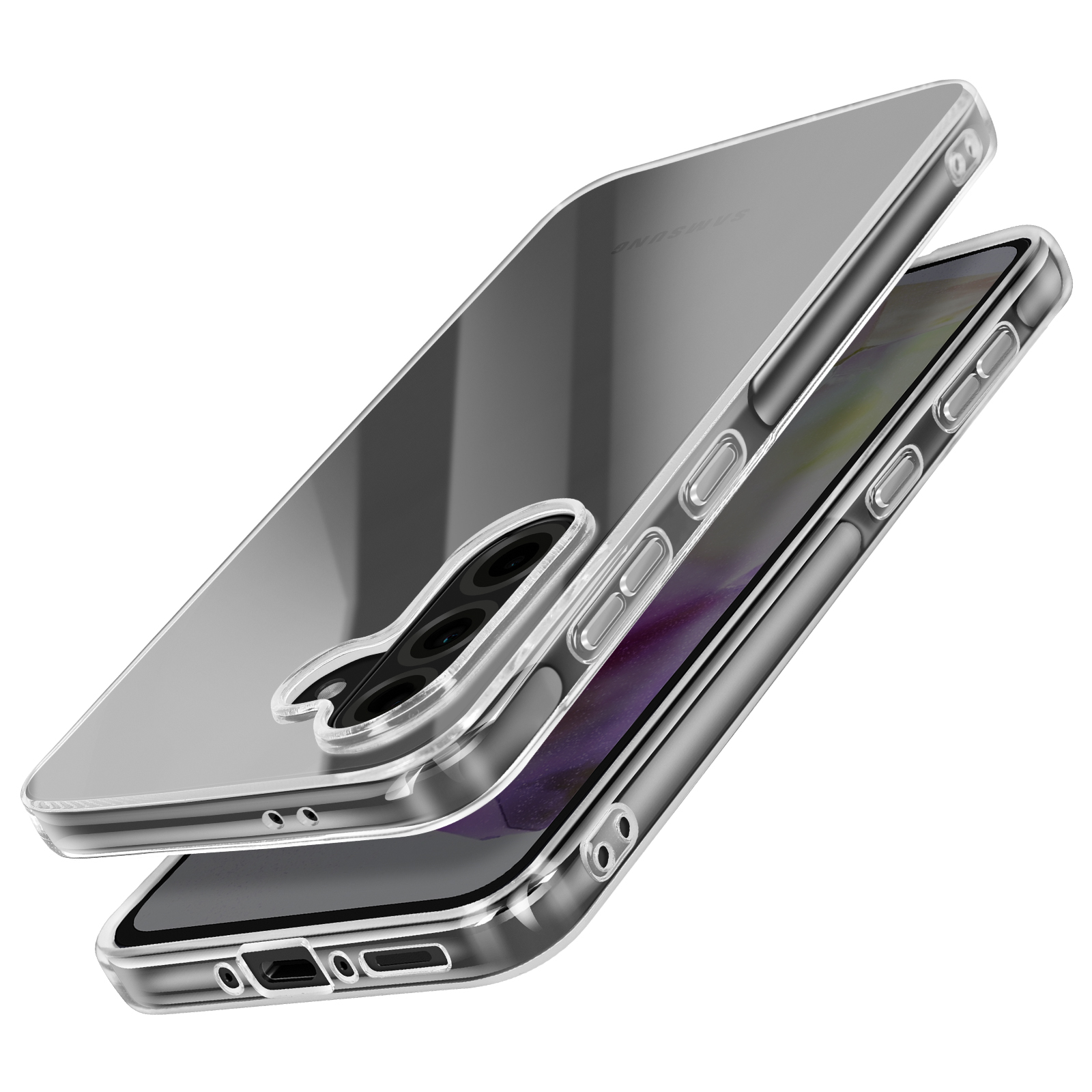 Coque de téléphone transparente, montrant le téléphone. Boutons et découpe de caméra visibles.