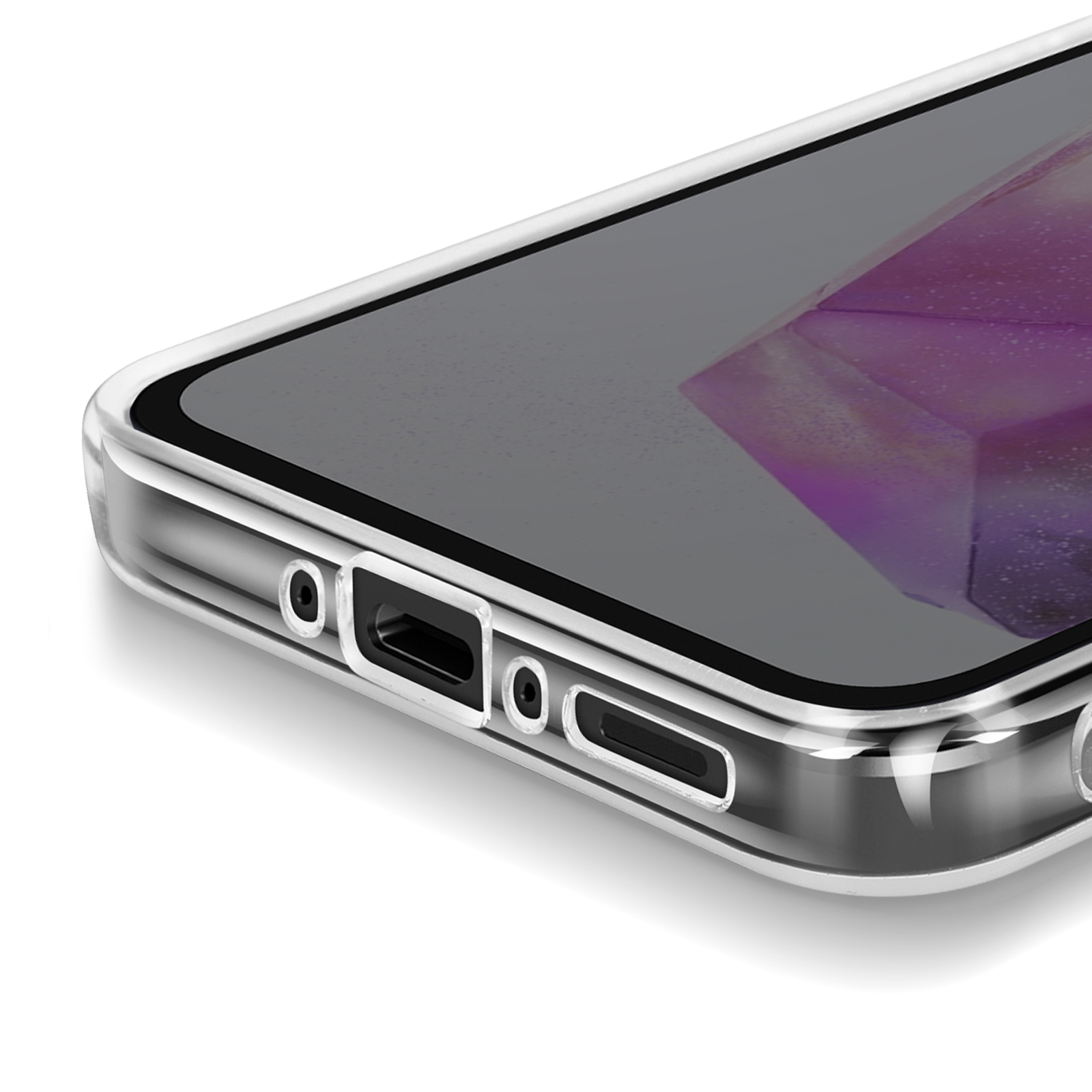 Gros plan du bord inférieur d'un téléphone dans un étui transparent. Le téléphone a des ports de charge et des haut-parleurs.