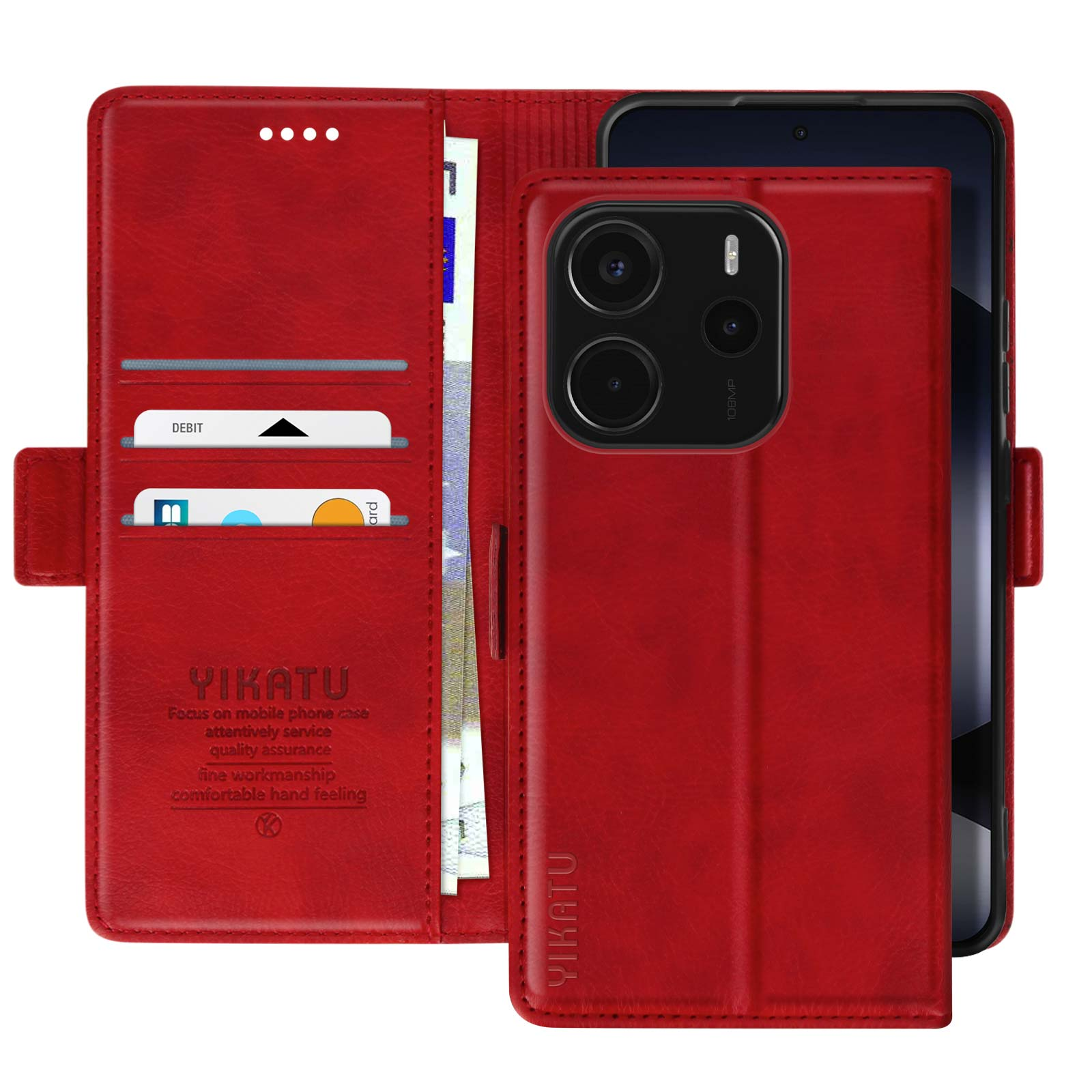 Una custodia per telefono rossa aperta, che mostra un telefono, carte di credito e denaro. La custodia ha la scritta YIKATU.