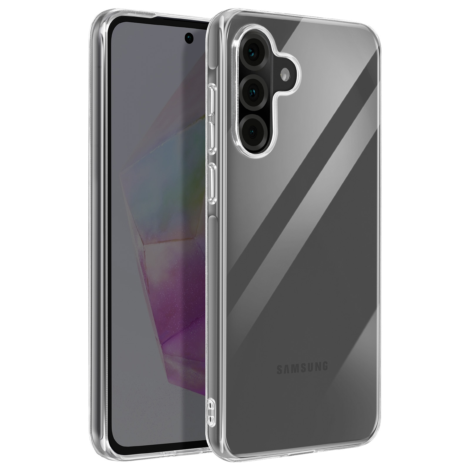 Téléphone avec coque transparente, montrant l'écran avant et trois caméras. Logo Samsung au dos.