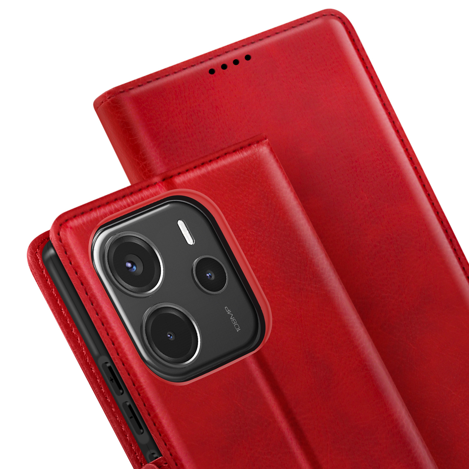 Una custodia per telefono rossa aperta, con un telefono all'interno. La custodia è in pelle rossa e il telefono ha una fotocamera.