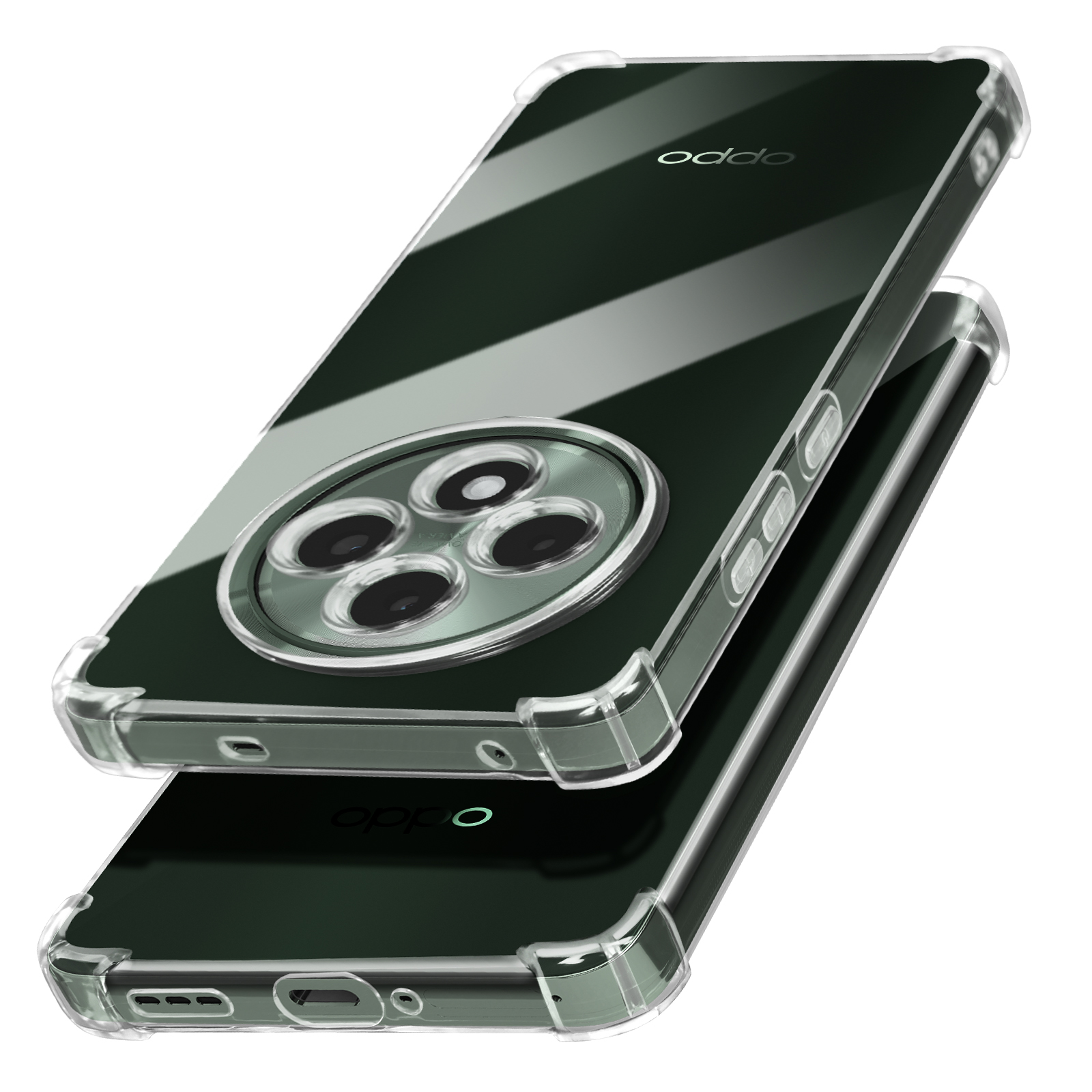 Custodia trasparente per telefono, con telefono visibile. Tasti e foro fotocamera visibili.