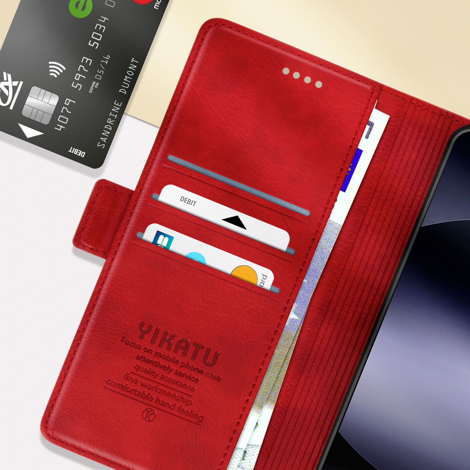 Custodia rossa per telefono con fessure per carte e carta di debito.