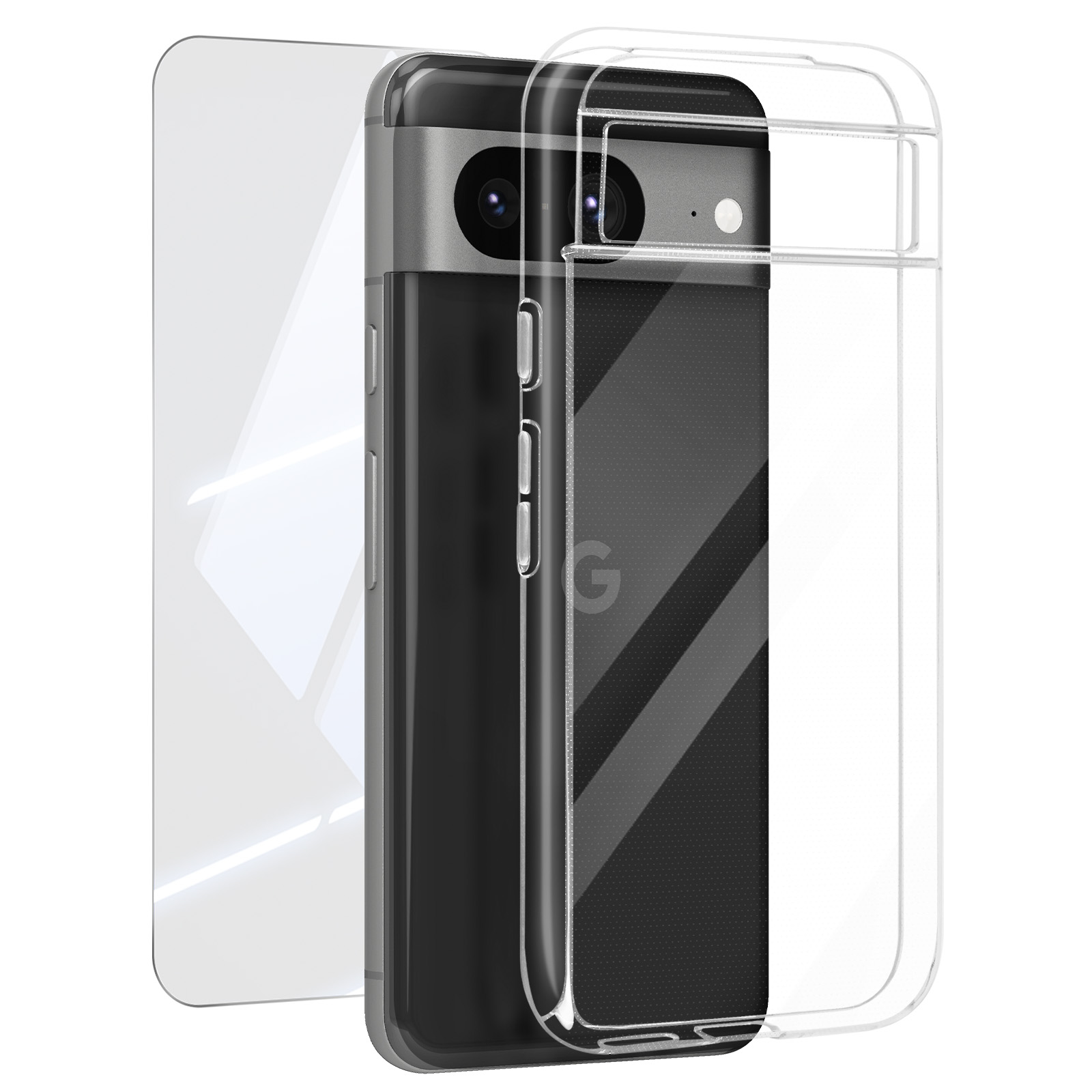 Telefono con protezione schermo e custodia trasparente.
