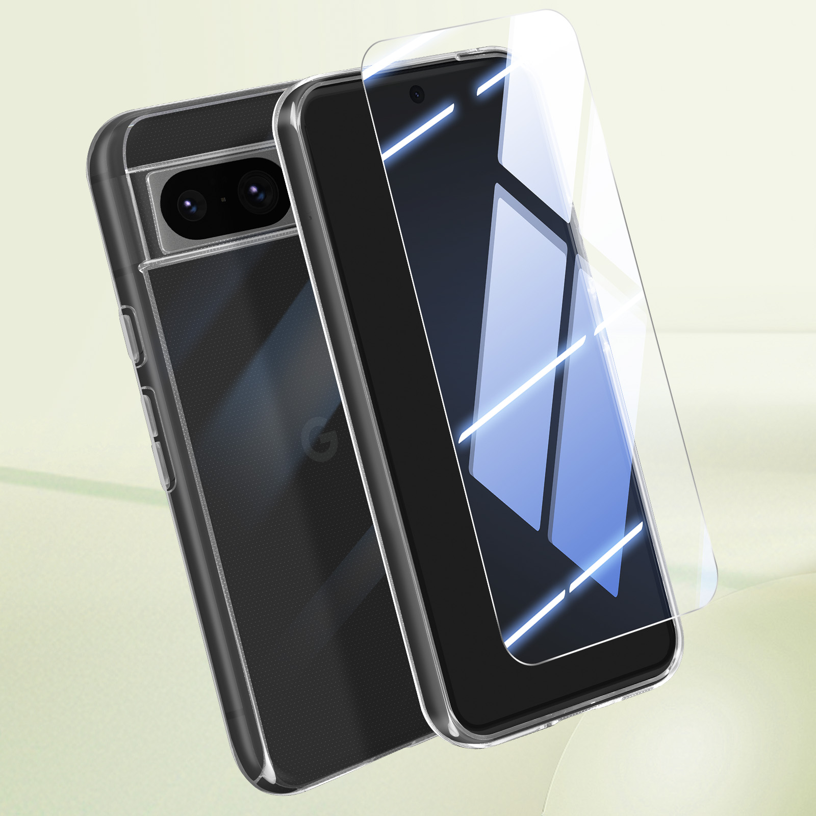 Un telefono e una protezione per lo schermo in una custodia trasparente. Il telefono è su una superficie verde chiaro.