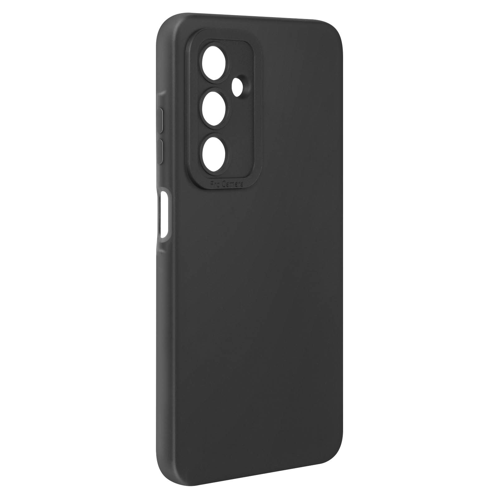 Custodia per telefono nera. La custodia ha ritagli per la fotocamera e i pulsanti laterali.