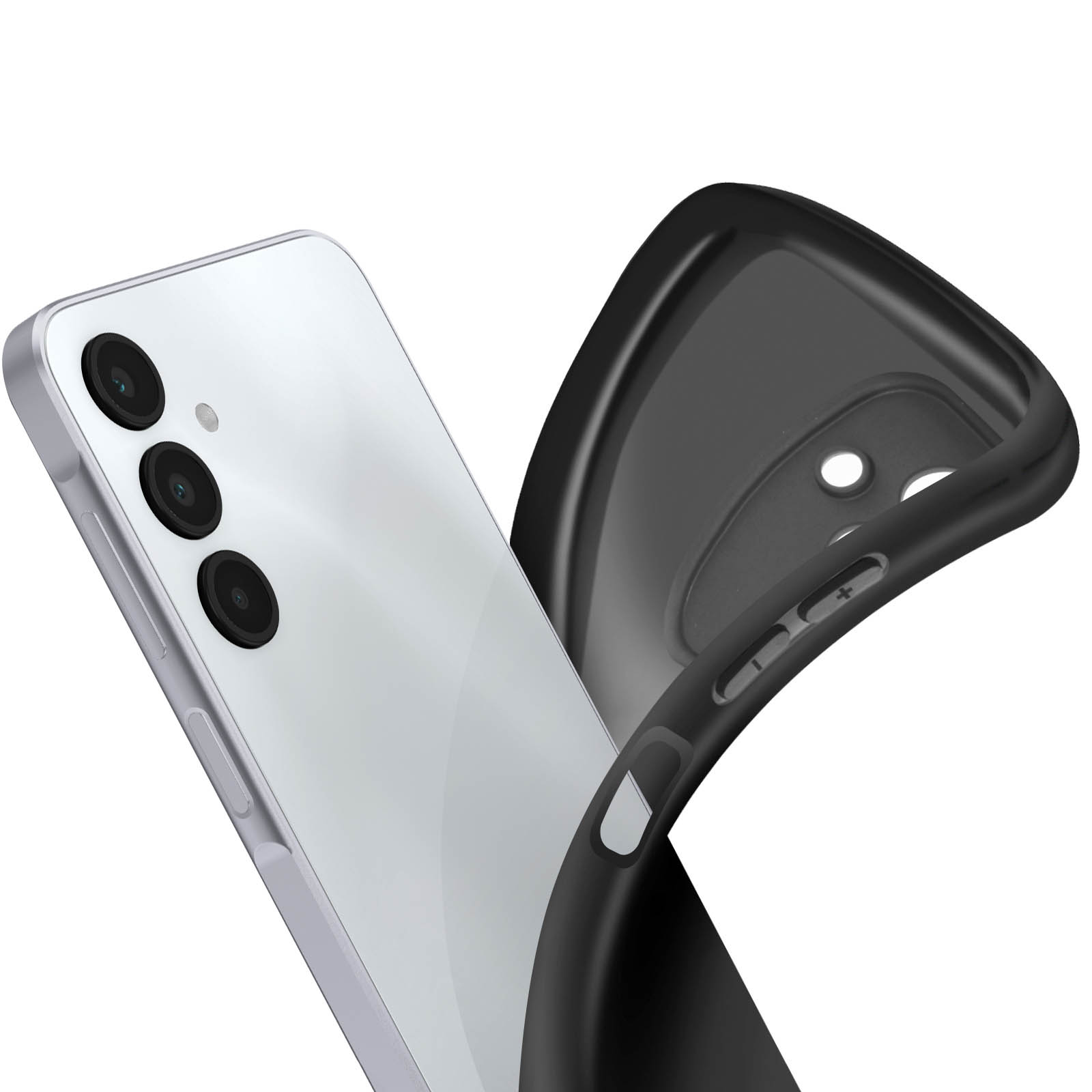 Un telefono bianco con custodia nera. La custodia viene rimossa.