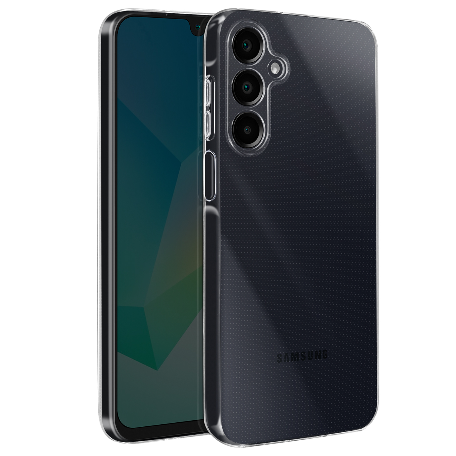 Telefoon in een doorzichtige hoes, met het merk SAMSUNG zichtbaar, drievoudige camera.