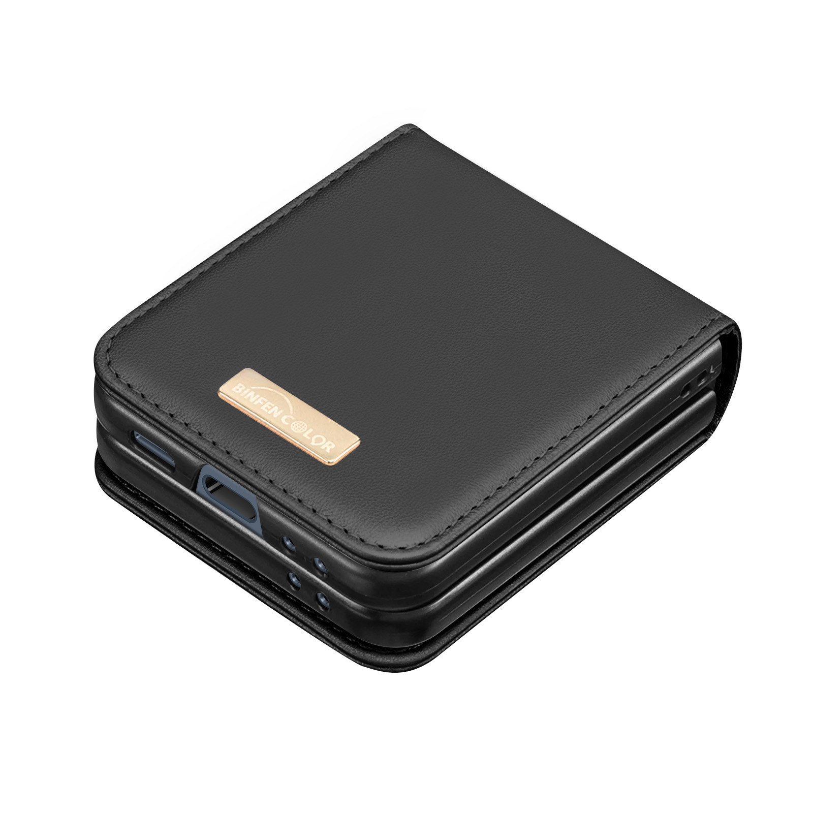 Telefono nero in una custodia a libro, con il marchio BINFEN COLOR visibile.