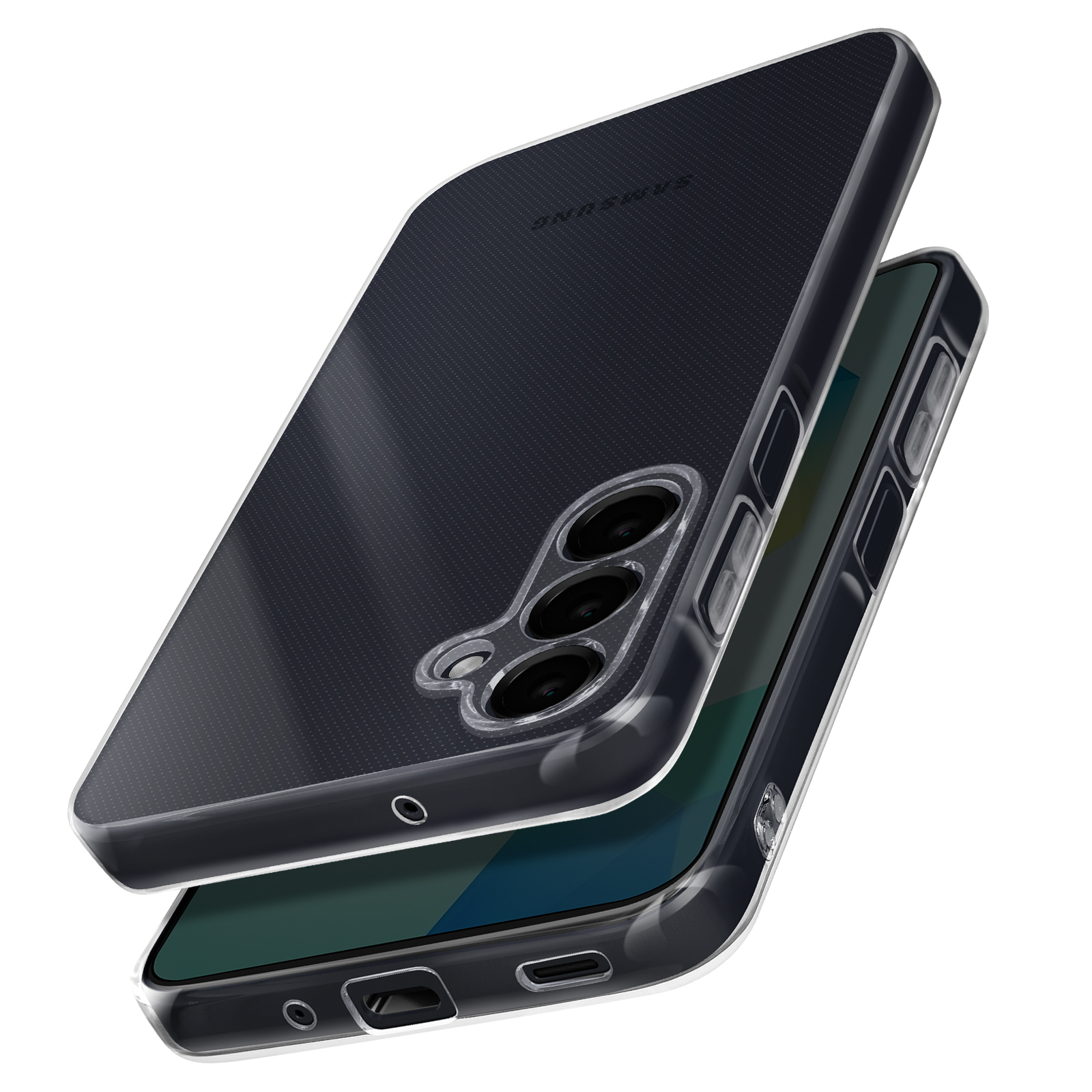 Telefoon in een doorzichtige hoes, met het merk SAMSUNG zichtbaar en drievoudige camera.