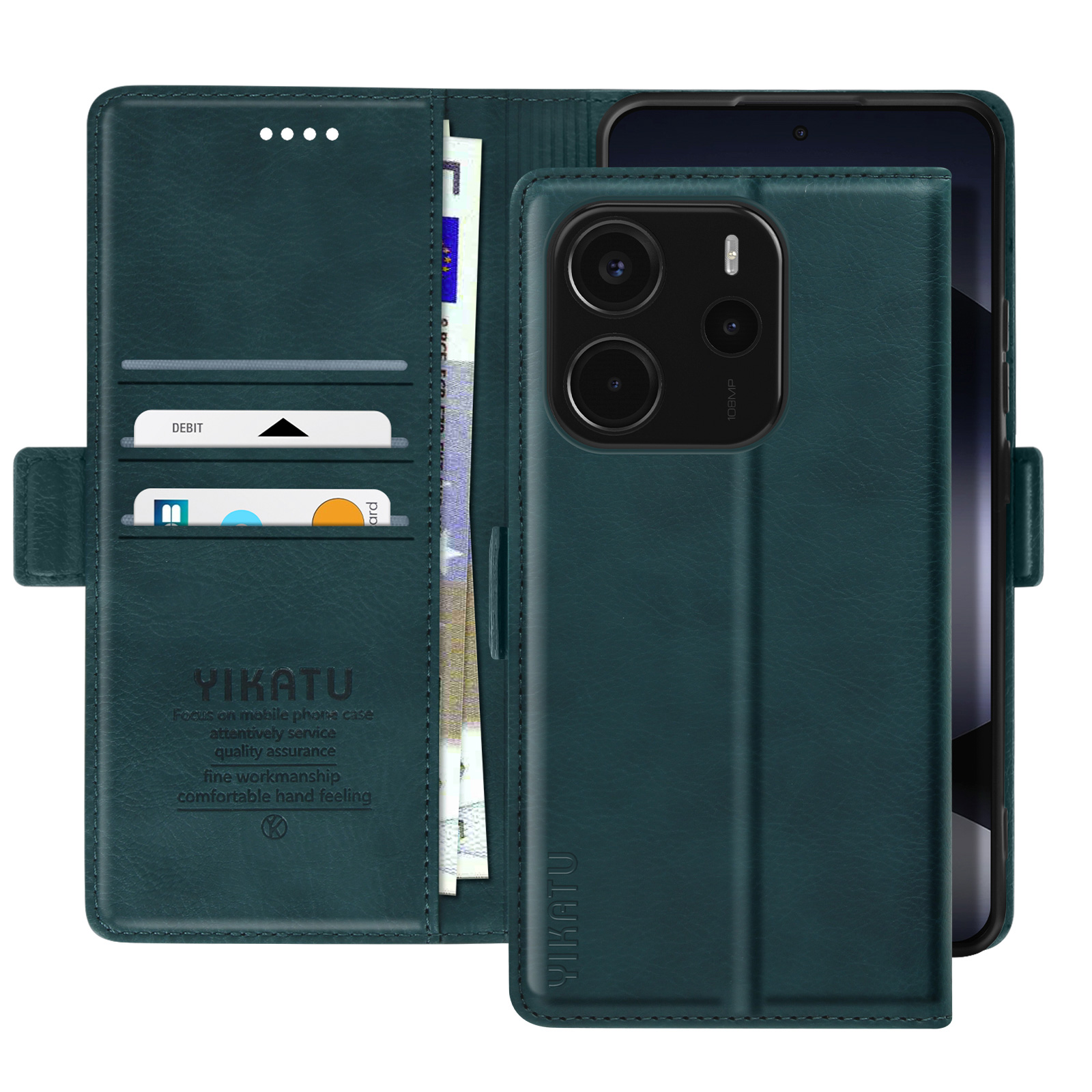 Telefono in una custodia in pelle verde, che rivela una carta di debito, denaro e fotocamere del telefono.