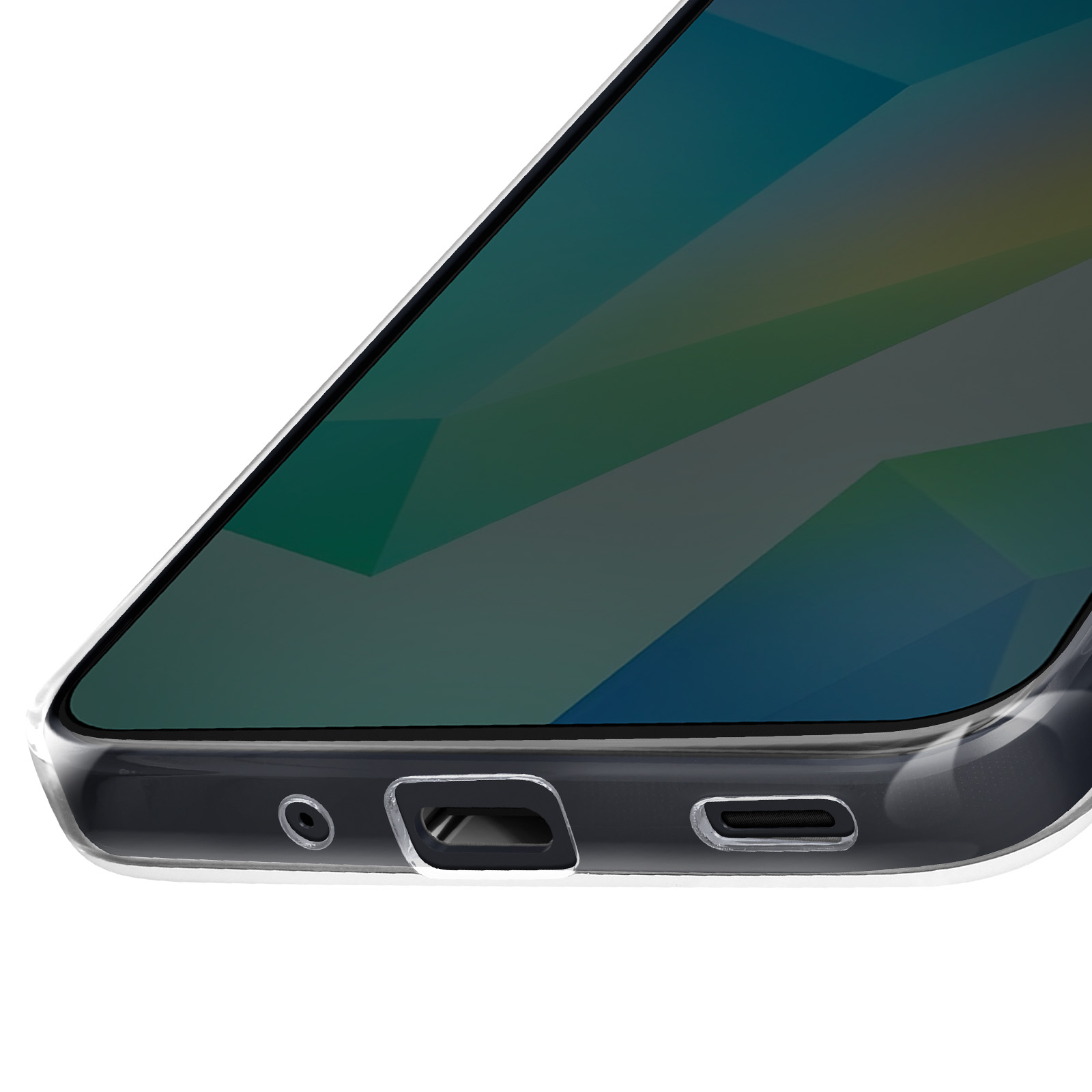 Close-up van een telefoon met een oplaadpoort en een doorzichtige hoes.