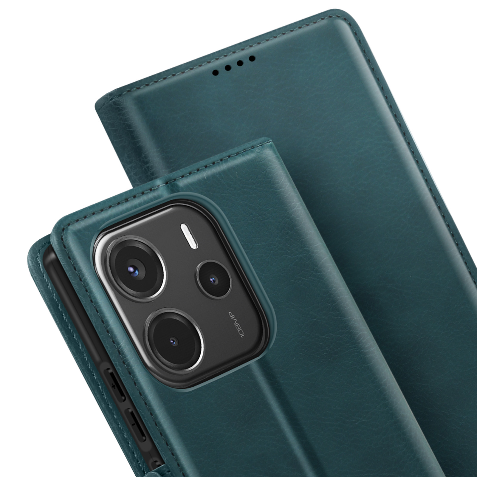 Telefono in una custodia di pelle verde. Il telefono mostra la fotocamera e lo schermo.