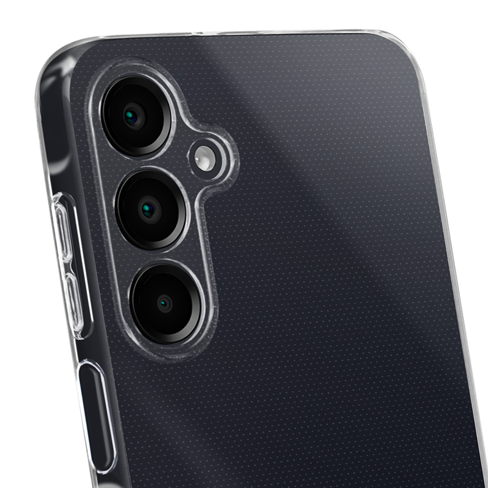 Close-up van een doorzichtige telefoonhoes met drievoudige camera. Zwarte stippenstructuur zichtbaar.