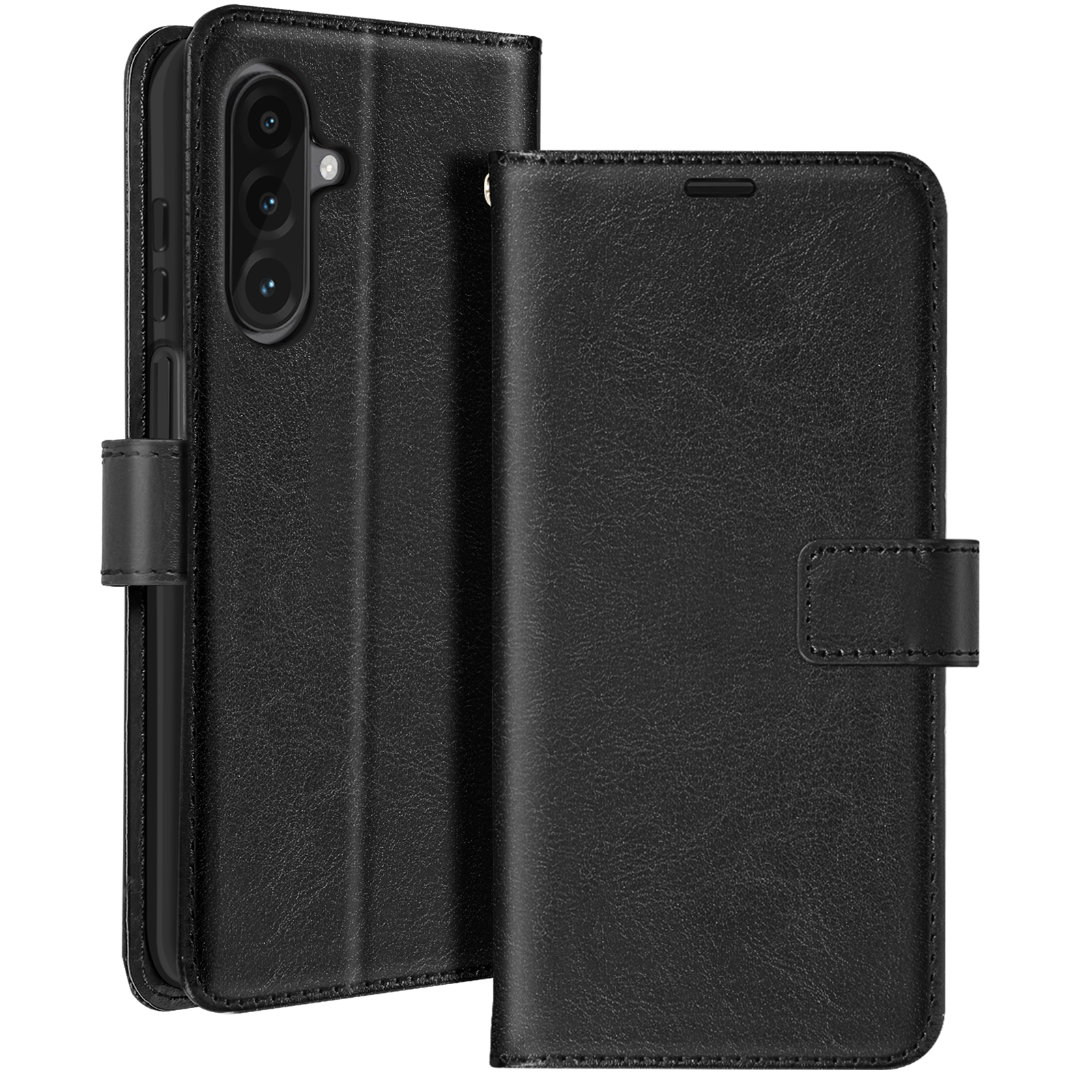 Schwarze Leder-Geldbörsen-Handyhülle, geöffnet, um das Telefon und eine weitere Klappe mit einem Verschluss zu zeigen.
