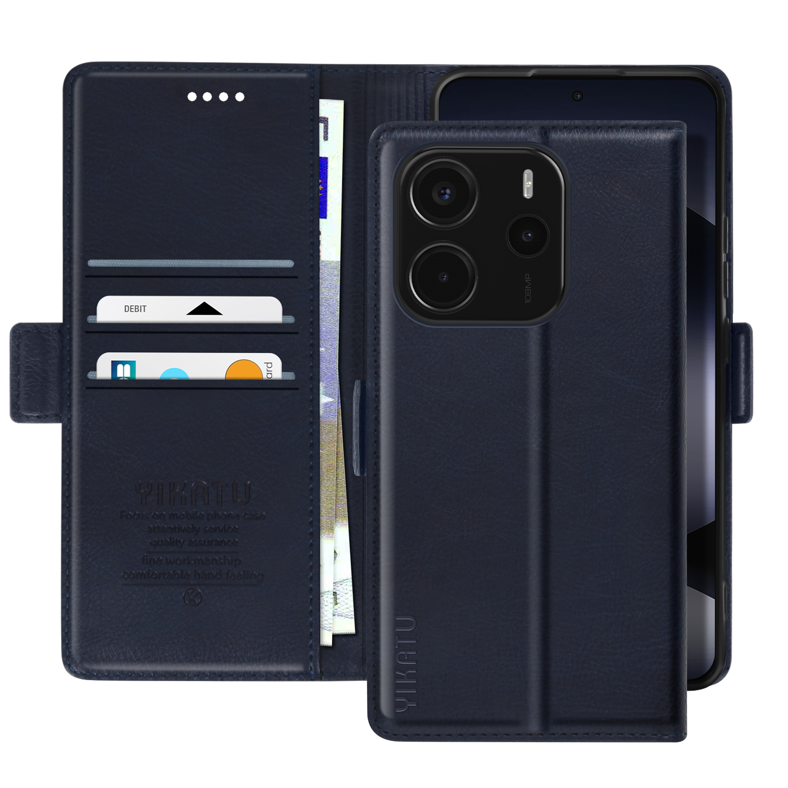 Portafoglio per telefono blu navy aperto con telefono, carte e contanti all'interno.