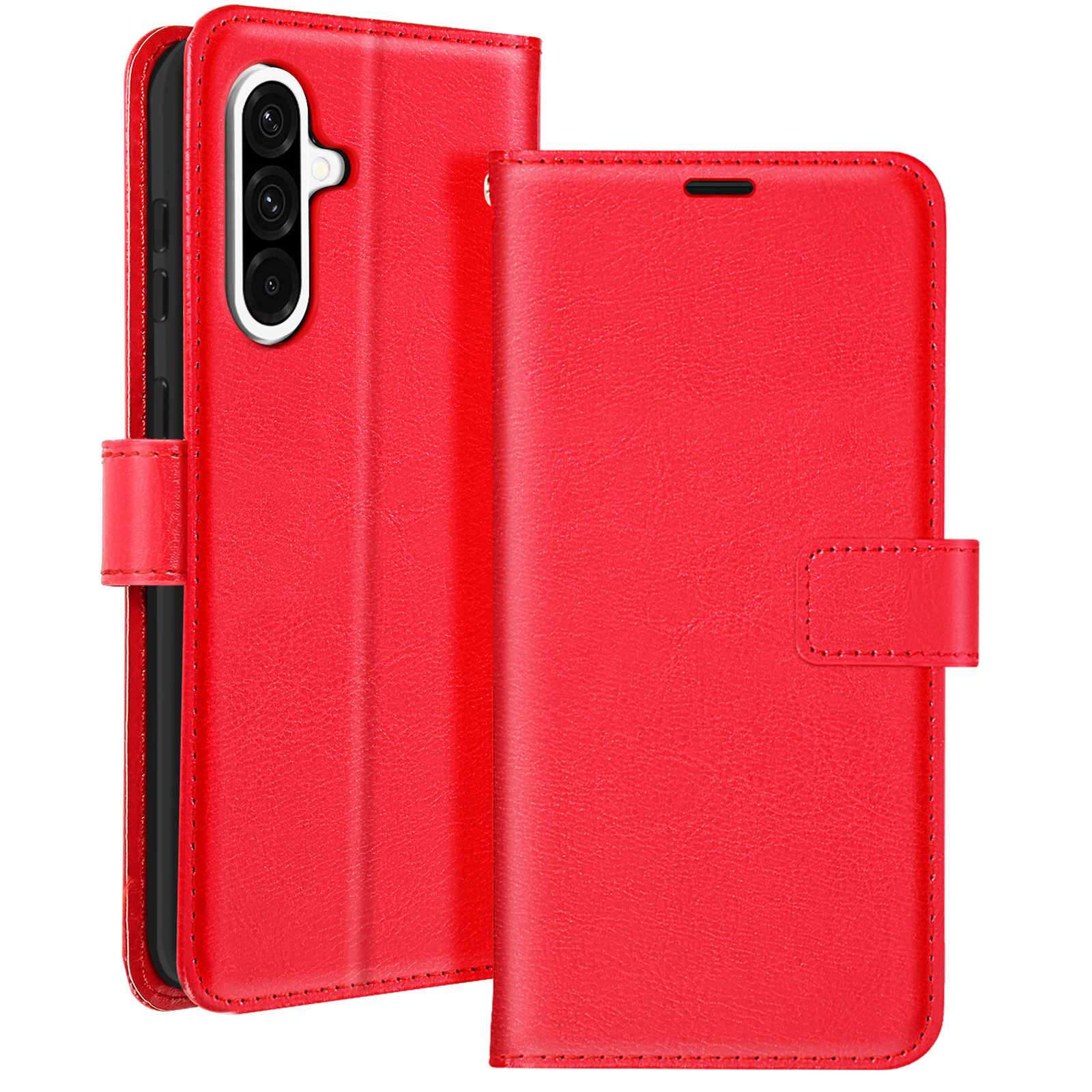 Portafoglio per telefono rosso, aperto. Telefono dentro. Custodia con chiusura magnetica.